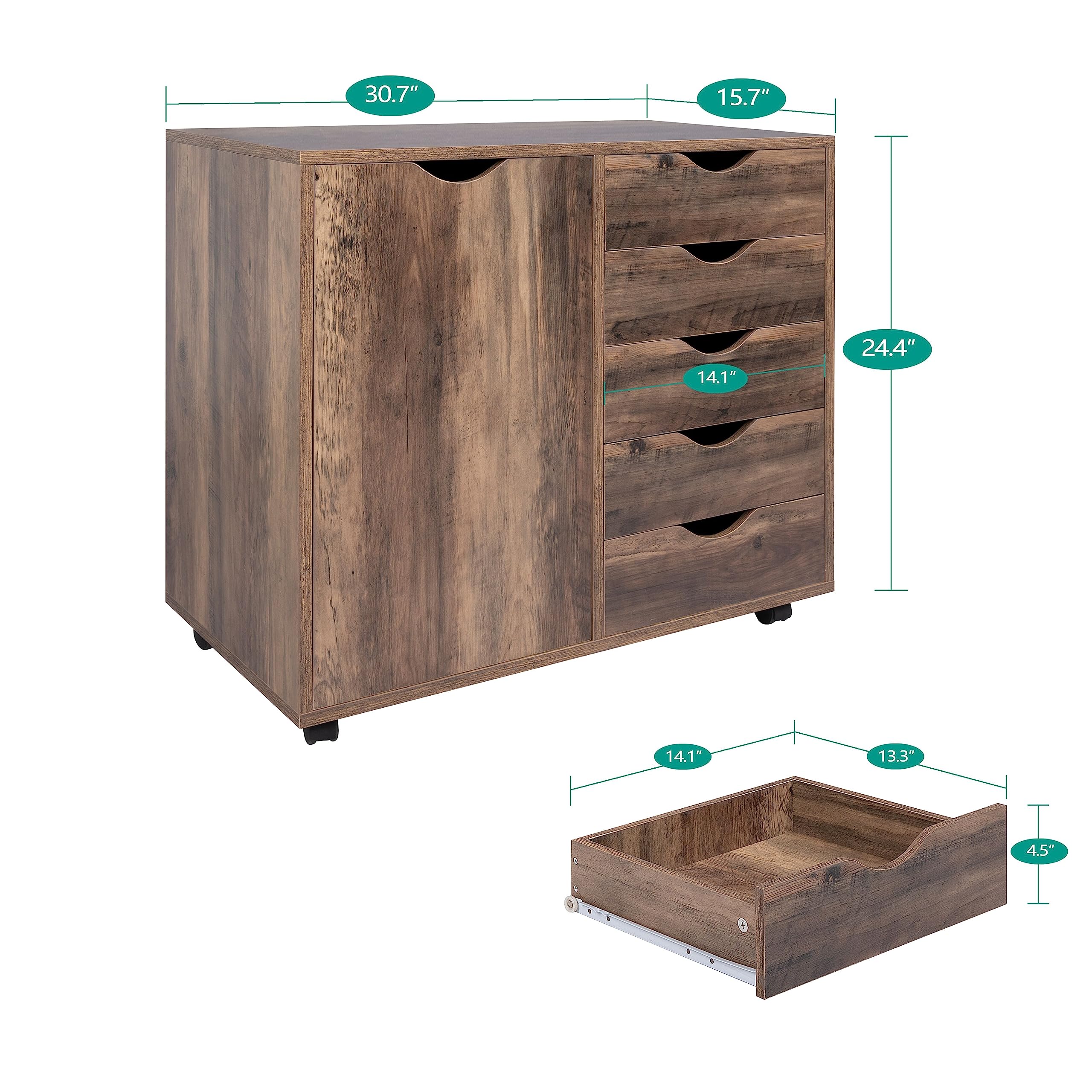 Naomi Home 5-Drawer Office Storage File Cabinet with Shelf & Wheels - Brown Oak, Under Desk Organizer for Home Office, Printer Stand with Storage | Perfect for Small Spaces & Workspace Organization (Model 11369AM)