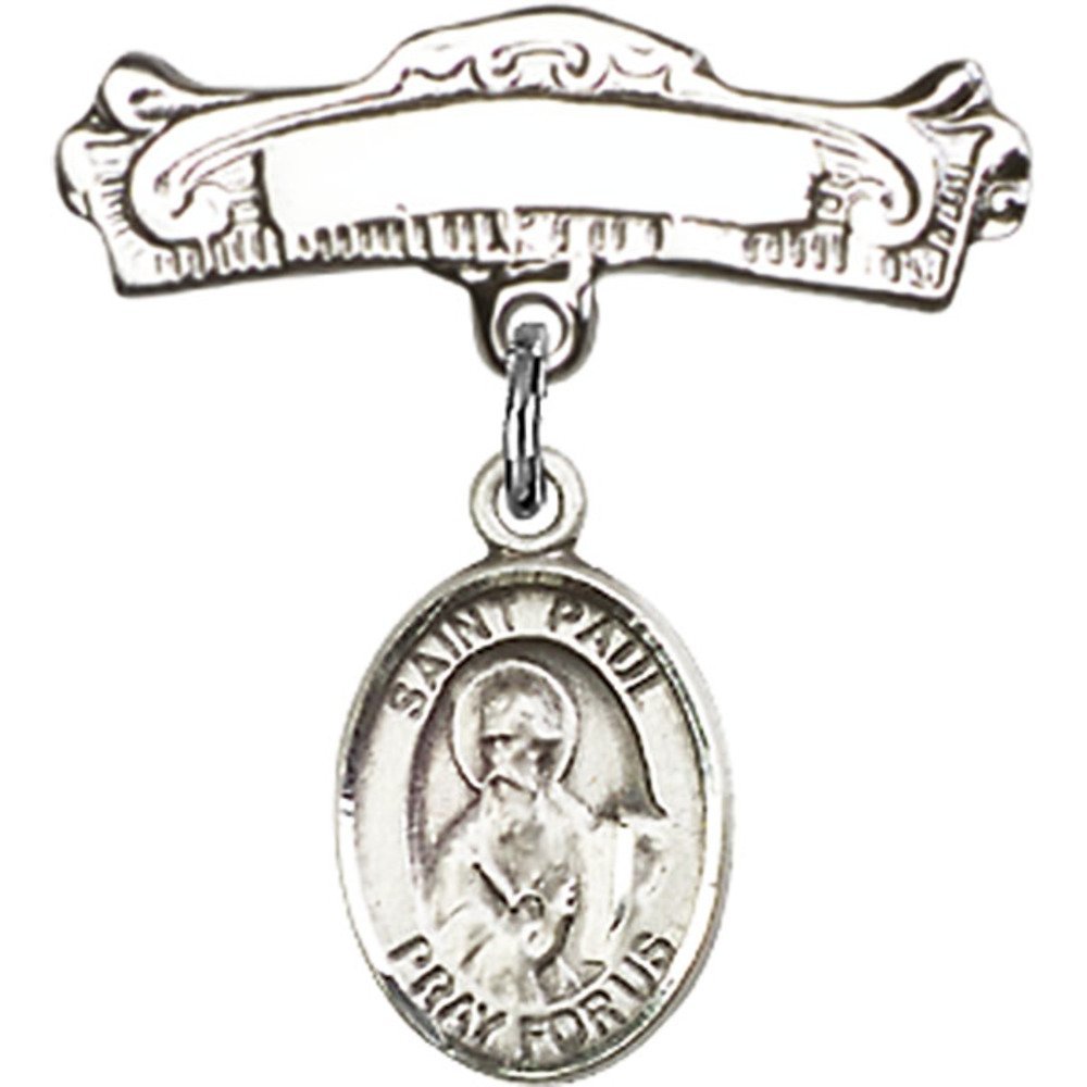 Sterling Silver Baby Badge with St. Paul the Apostle Charm - 7/8 X 7/8 Inch Arched Polished Pin - Perfect for Christening, Baptism & First Communion Gifts