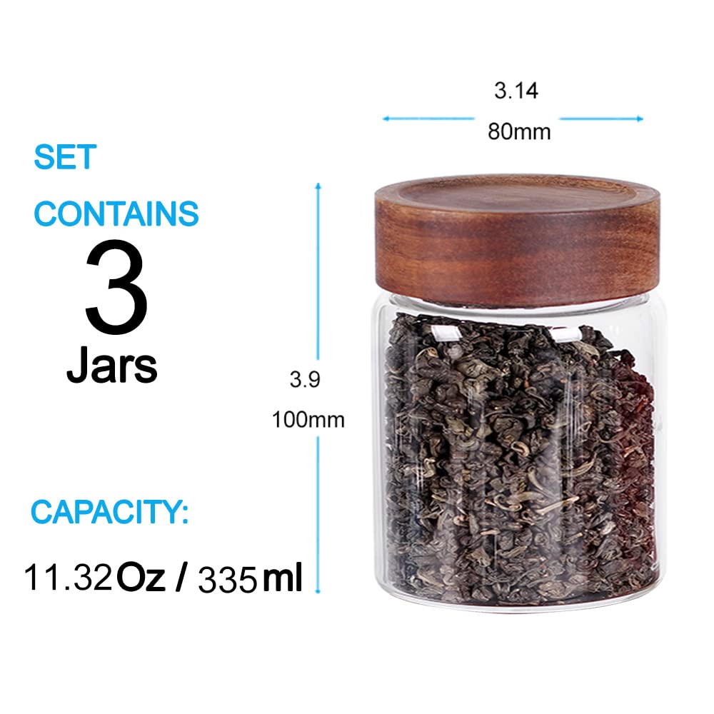 SAIOOL 3-Pack Glass Food Storage Jars with Airtight Screw Seal & Acacia Wood Lids - Spice Jars for Sugar, Salt, Coffee, Cookies & Spices | Kitchen Organization & Travel Containers for Home, Office & Camping