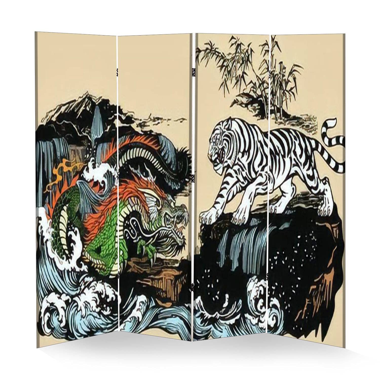 4 Panel Folding Room Divider - Green Chinese Dragon vs White Tiger Landscape Canvas Privacy Screen | Freestanding Portable Room Separator for Home, Office & Event Decor
