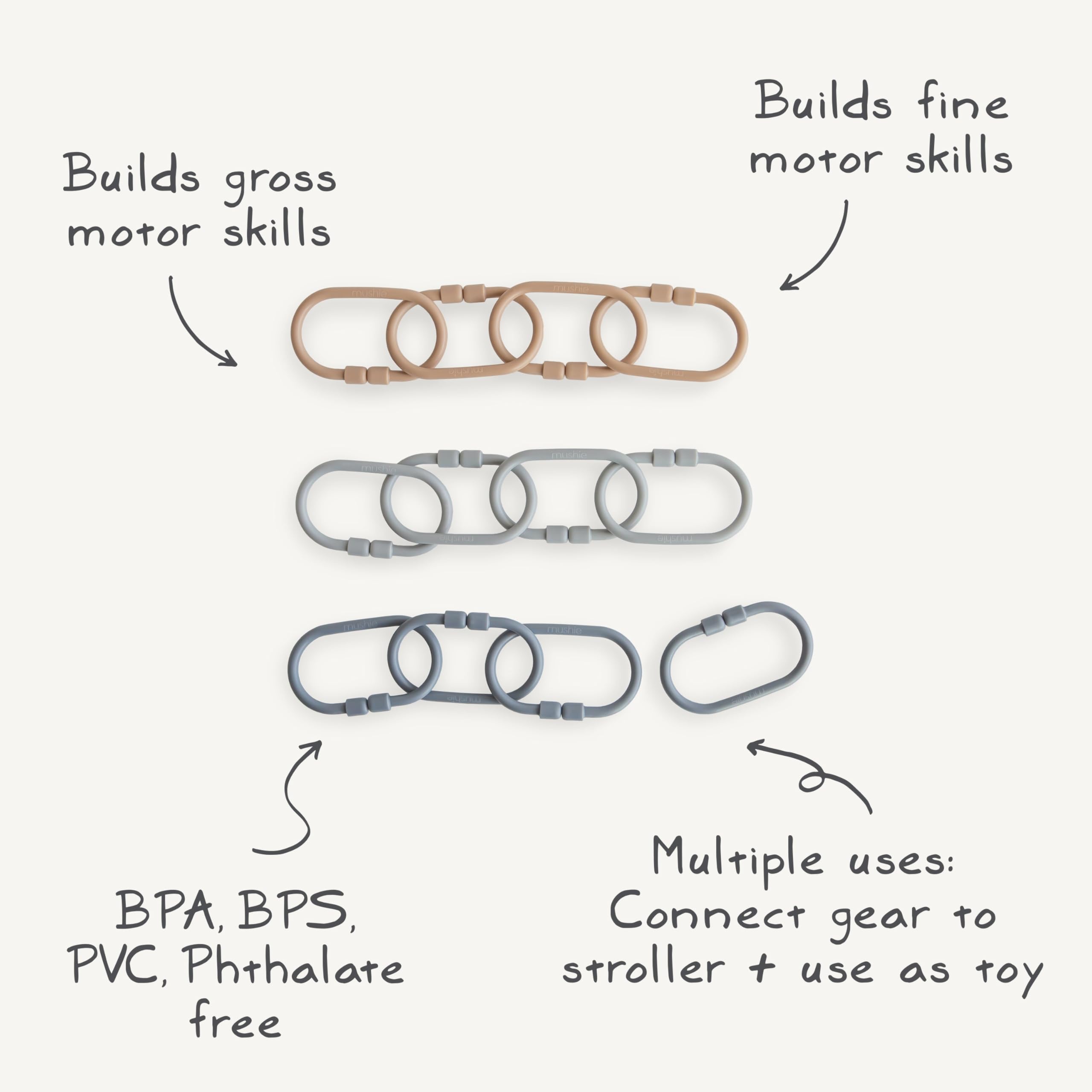 Mushie Baby Chain Link Rings Toy 12-Pack | Multi-Use Sensory Toy for Car Seat, Stroller & Playtime | Safe BPA-Free Teether & Connecting Toy (Natural, Shifting Sand, Khaki) | Perfect for Infants & Toddlers Development