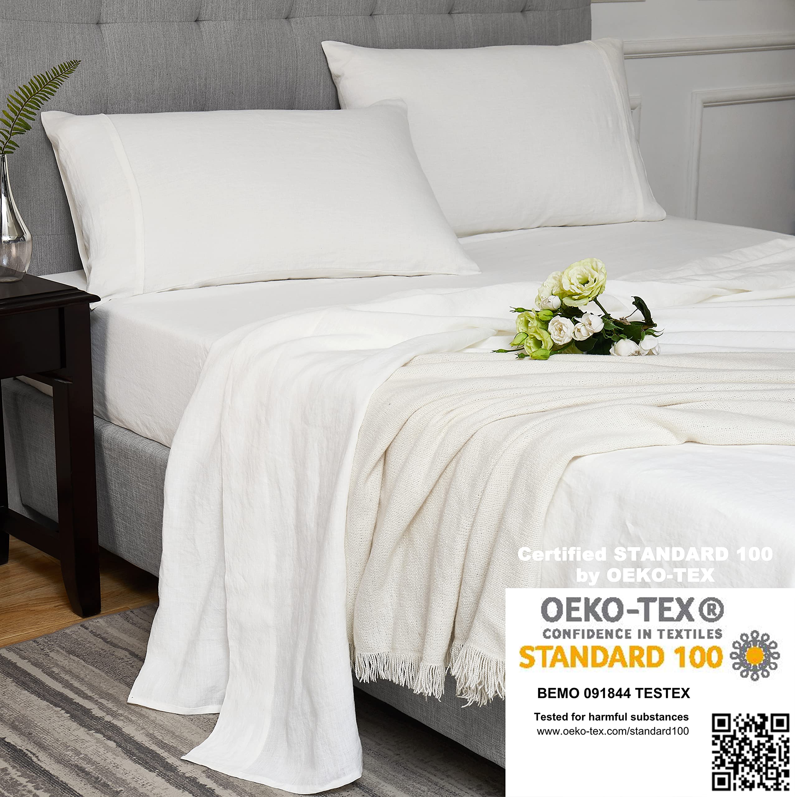 Premium 100% French Flax Linen Sheet Set - Queen Size, Stone Washed, 16