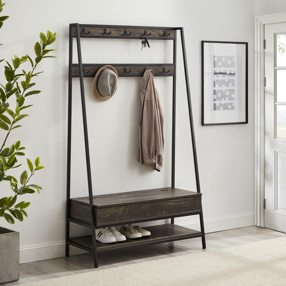 Crosley Jacobsen Hall Tree with Storage Bench, Shoe Shelf & Coat Hooks - Brown Ash Entryway Organizer for Coats, Shoes & Home Decor