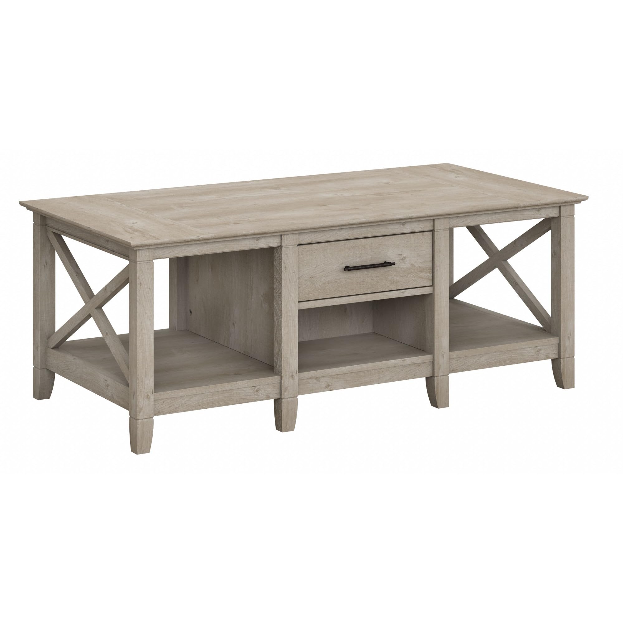 Bush Furniture Key West Coffee Table with Storage Shelf - Washed Gray Finish - Modern Living Room Centerpiece for Home Decor & Organization