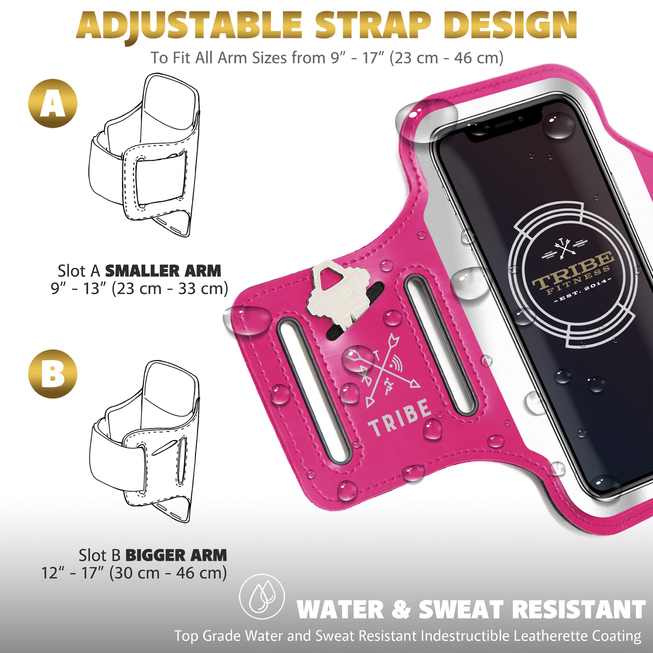 TRIBE Running Phone Holder Armband for iPhone & Galaxy - Adjustable Sports Armband for Women & Men - Perfect for Running, Jogging, Walking & Gym Workout - Fits All Smartphones with CC/Key Pocket - Ideal for Outdoor Activities & Fitness Tracking