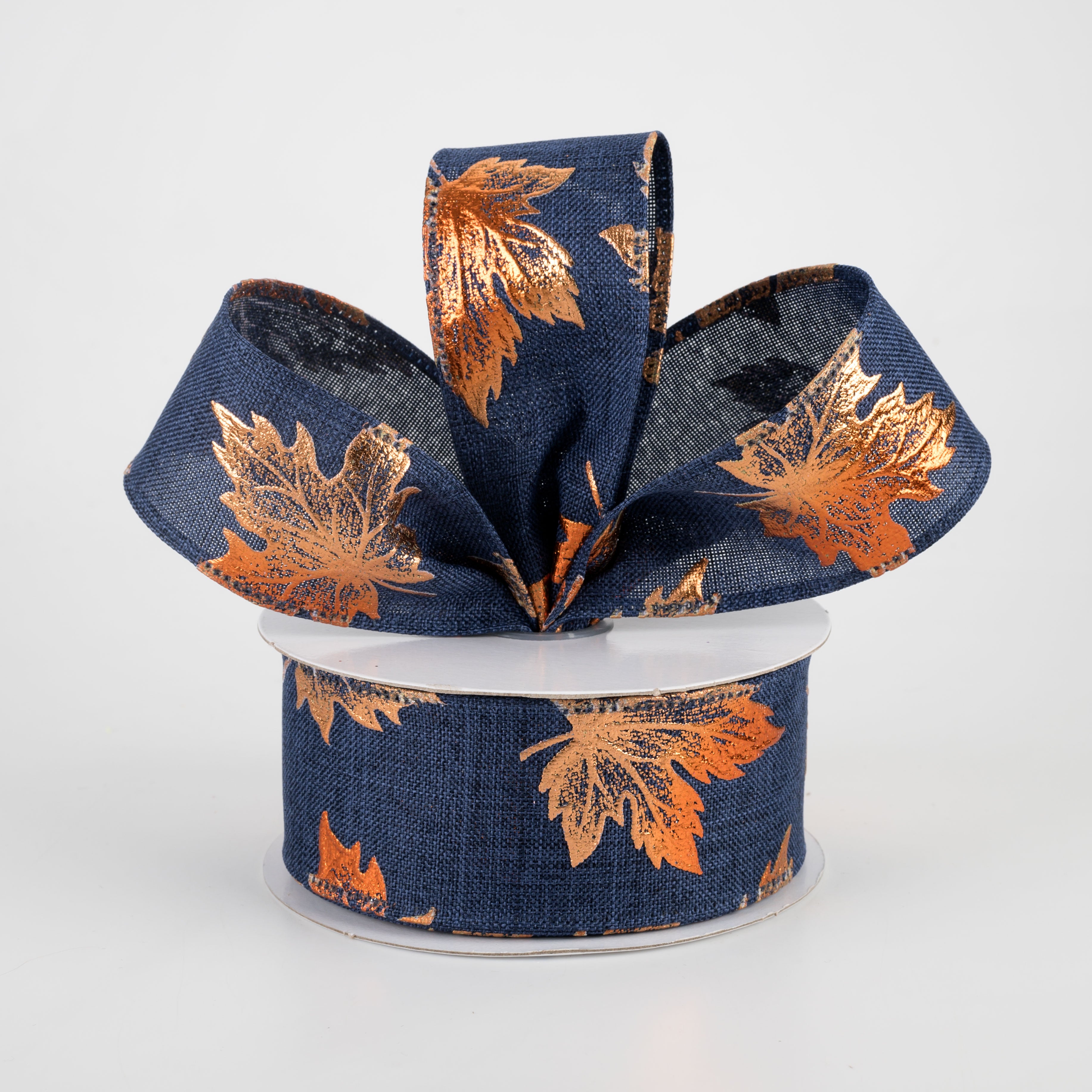 1.5 Inch Navy Blue Linen Ribbon with Rust Embossed Fall Leaves - 10 Yards Bulk Roll for Autumn Crafts, Gift Wrapping, Wedding Decorations and Seasonal DIY Projects