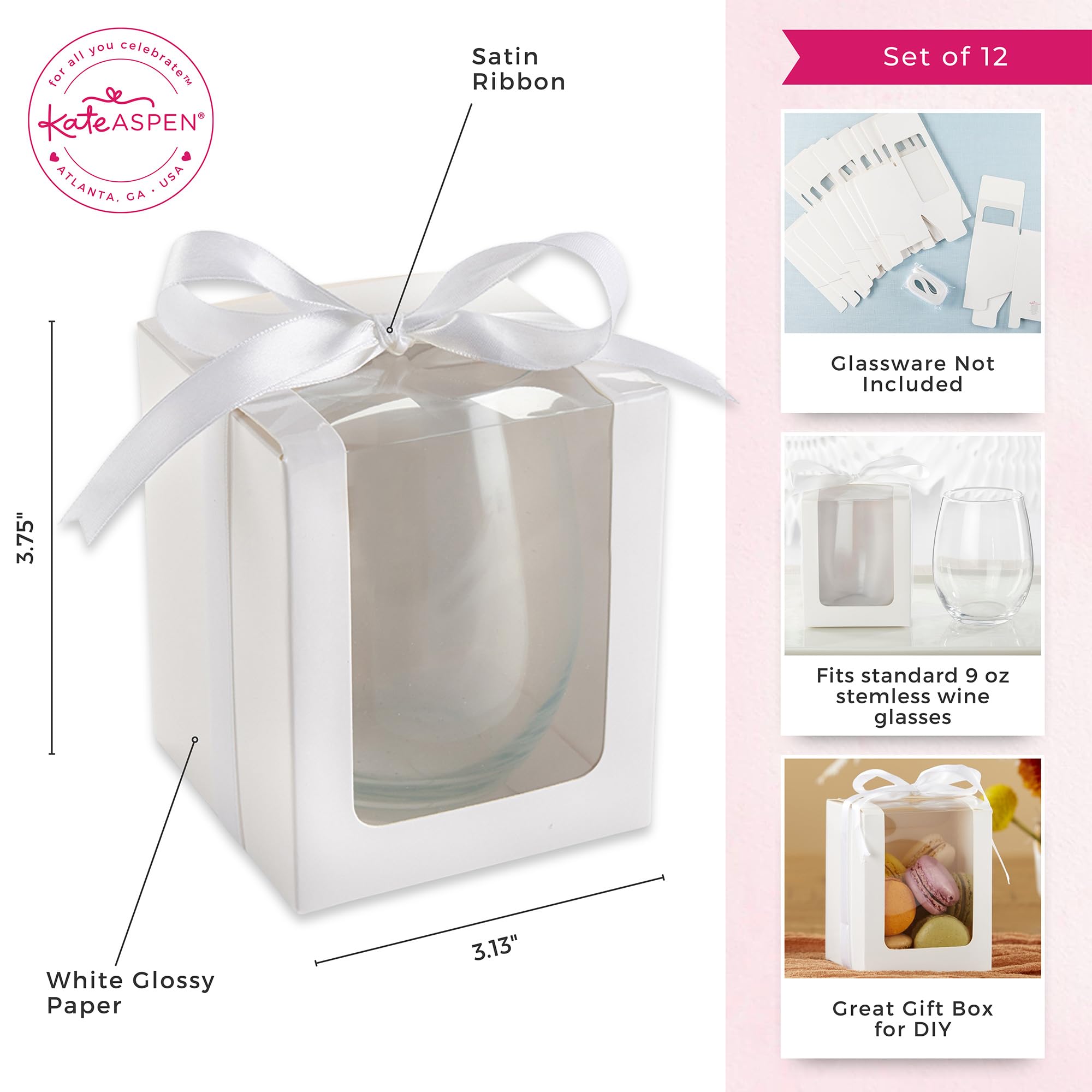 Kate Aspen 12-Pack White 9-Ounce Stemless Wine Glass Gift Boxes - Perfect for Weddings, Parties & Corporate Events
