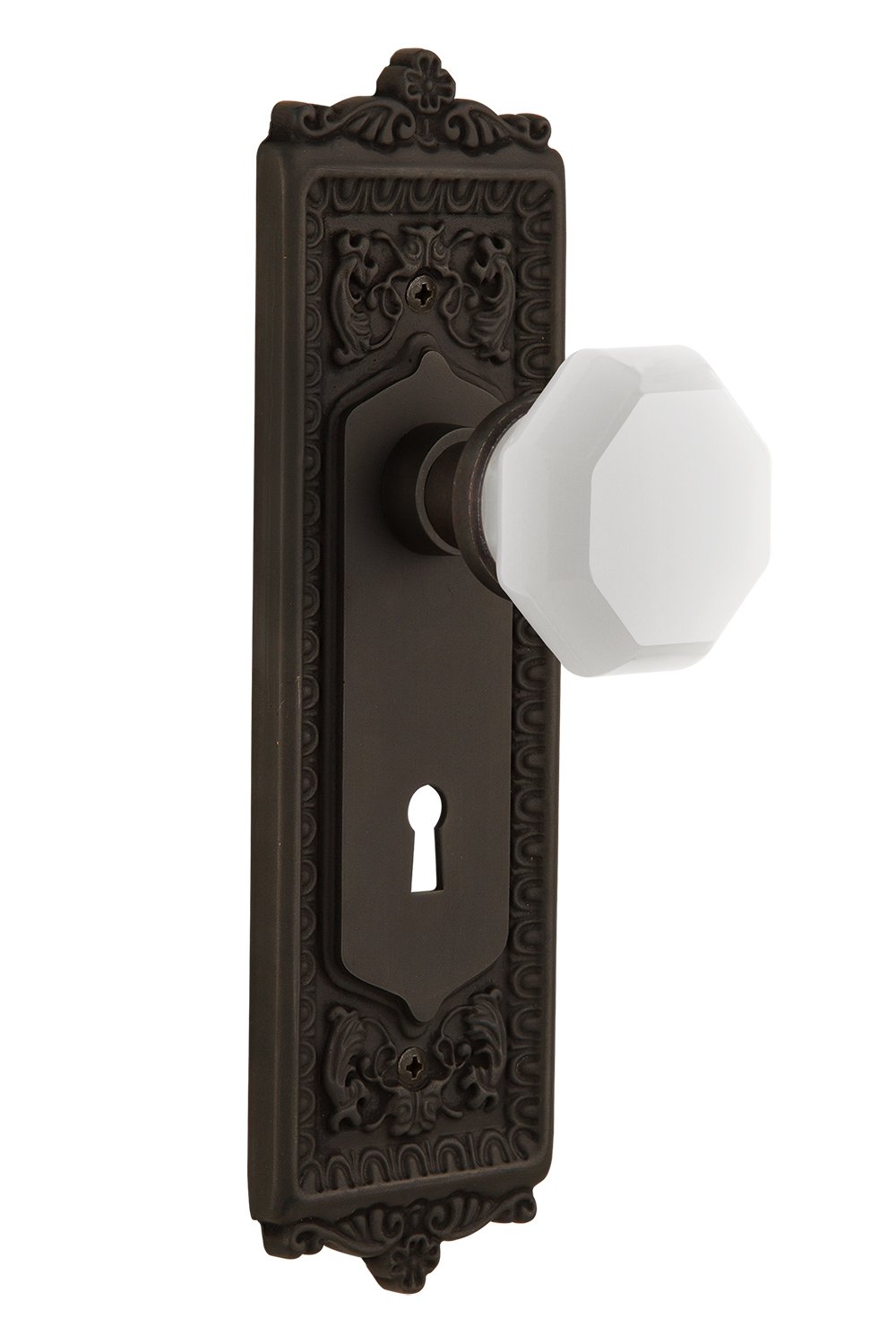 Nostalgic Warehouse 748399 Egg & Dart Design Keyhole Plate - Waldorf White Milk Glass Knob, 2.375