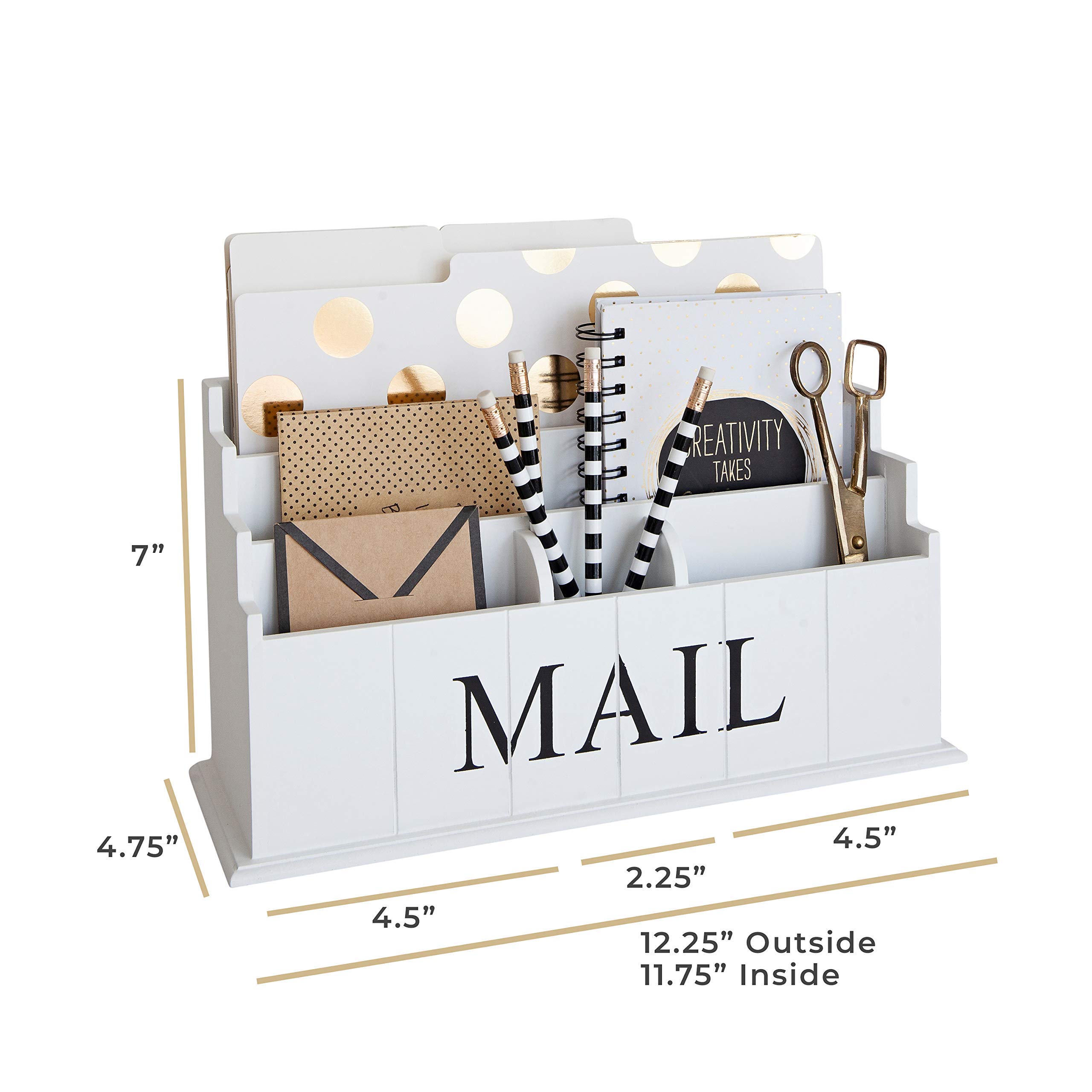BLU MONACO 3-Tier White Wooden Mail Organizer - Rustic Country Style Desk Organizer for Kitchen Countertop, Office & Home Use - Perfect for Bills, Letters & Magazine Storage