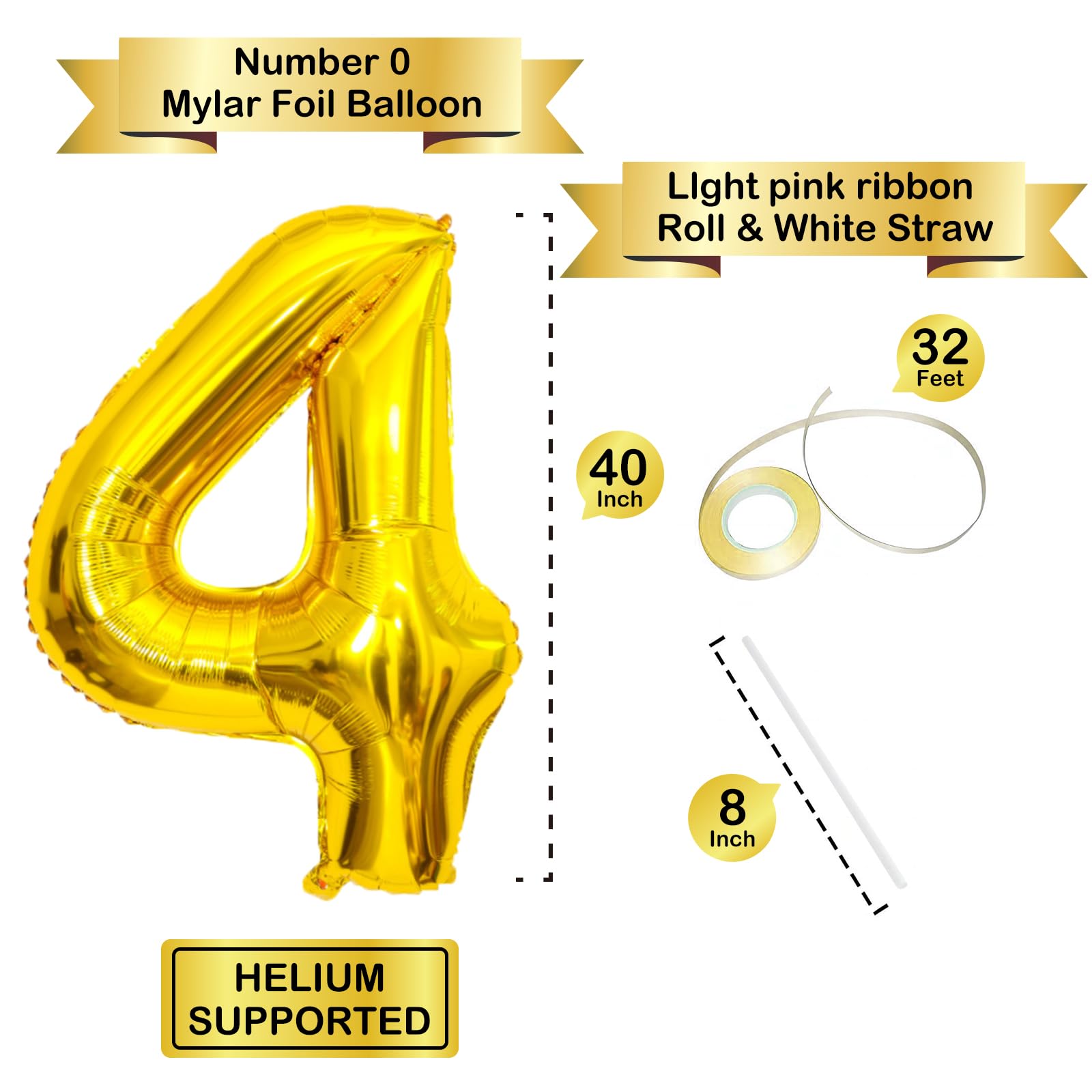 40 Inch Gold Number 4 Balloons - Helium Mylar Foil Birthday Balloons for 4th Birthday Party Decorations, Kids Anniversary Celebration Supplies - Perfect for Birthday Backdrops, Photo Booths & Party Centerpieces
