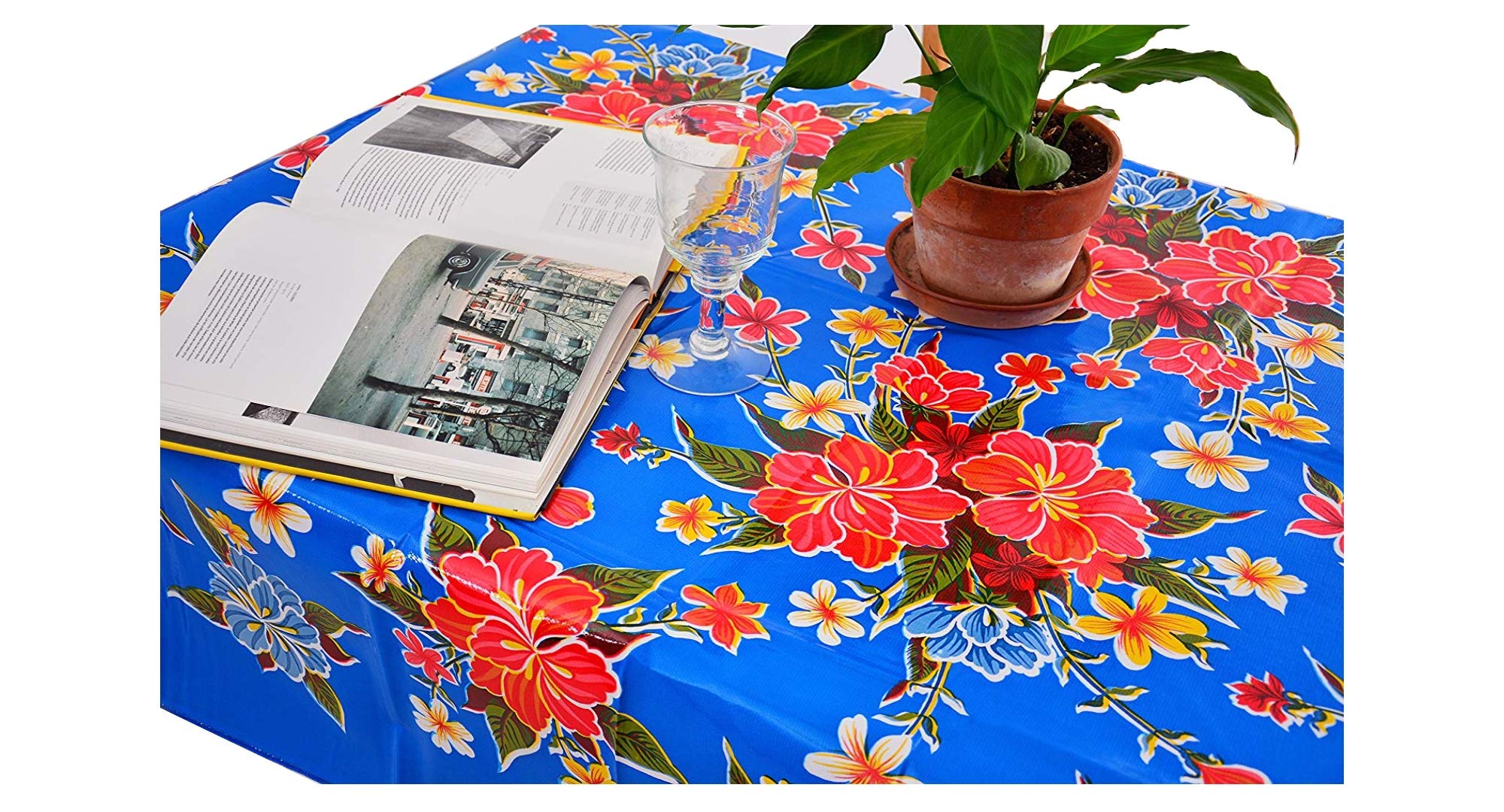 Premium Hibiscus Flowers Oilcloth Tablecloth - Waterproof & Washable Plastic Vinyl Table Cover (55x55in Square) in Blue & Red - Perfect for Patio, Picnic, Kitchen, and Outdoor Dining Decor