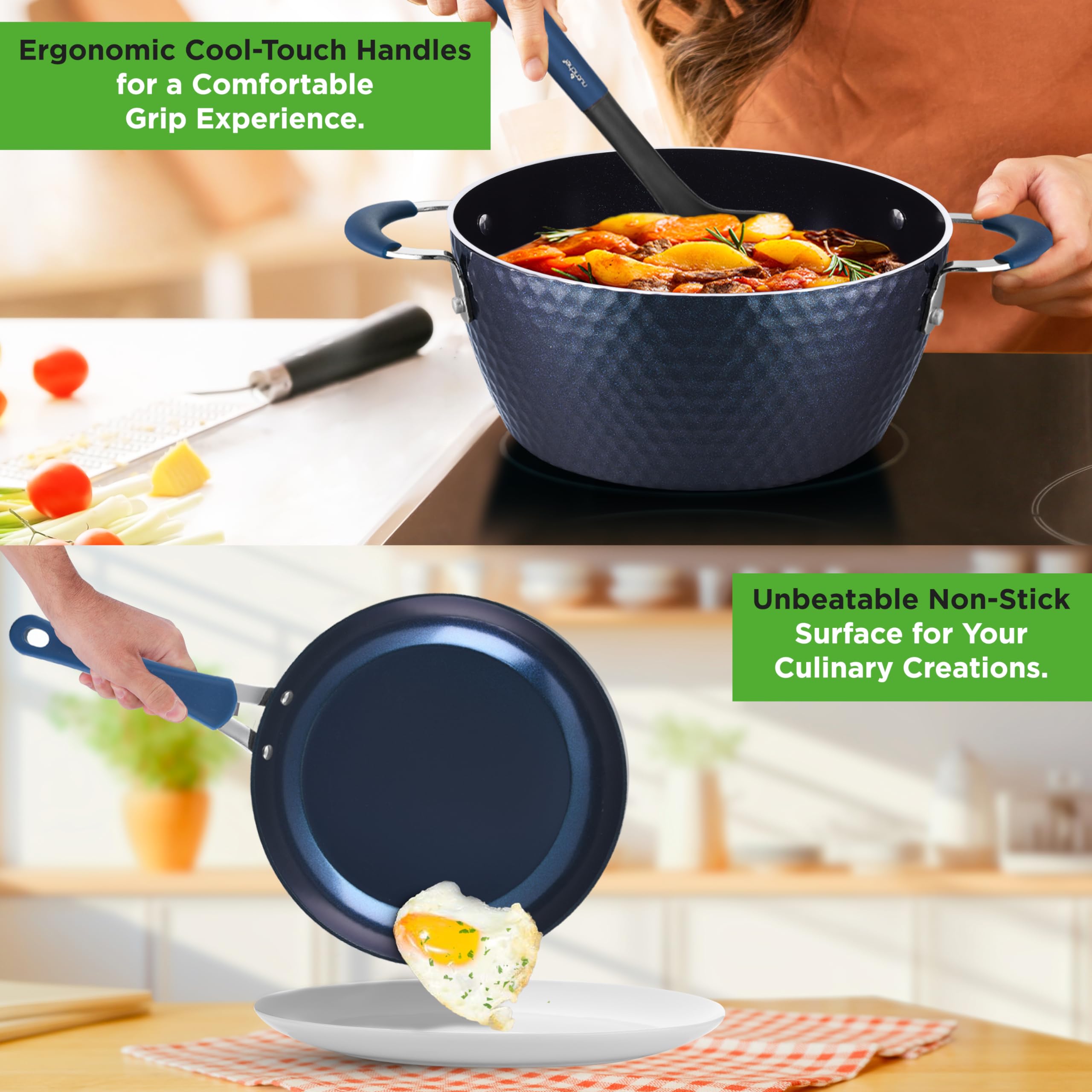 NutriChef 11-Piece Blue Diamond Nonstick Ceramic Cookware Set - Durable Pots & Pans with Cool-Touch Handles, Glass Lids & Kitchen Utensils for Healthy Cooking | Perfect for Frying, Boiling, Sautéing & Everyday Meal Prep