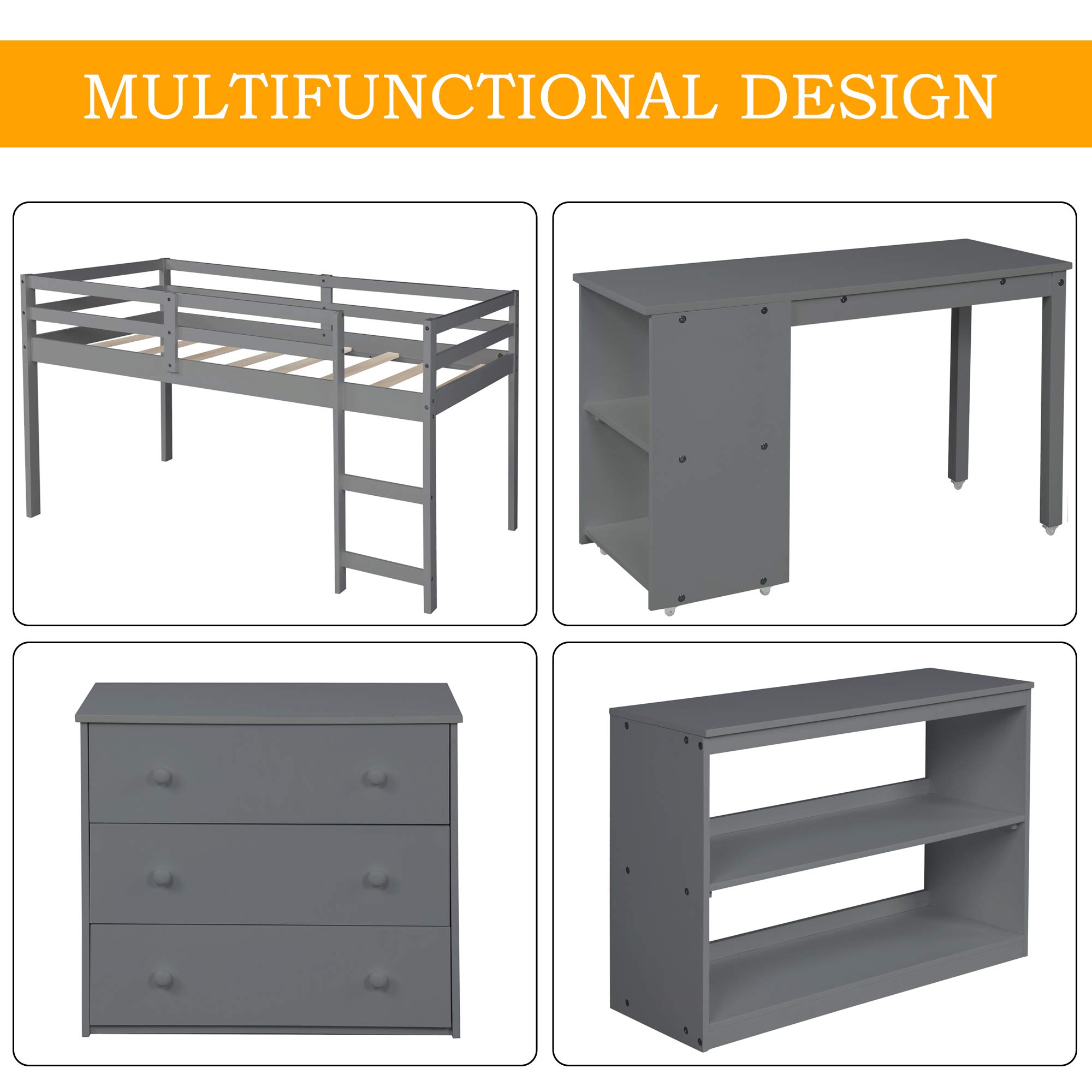 Harper & Bright Designs Twin Loft Bed with Desk & Storage - Space-Saving Study Loft Bed for Kids & Teens - Includes Cabinet & Rolling Portable Desk - Perfect for Small Bedrooms, Dorms & Apartments (Twin Size, Gray)