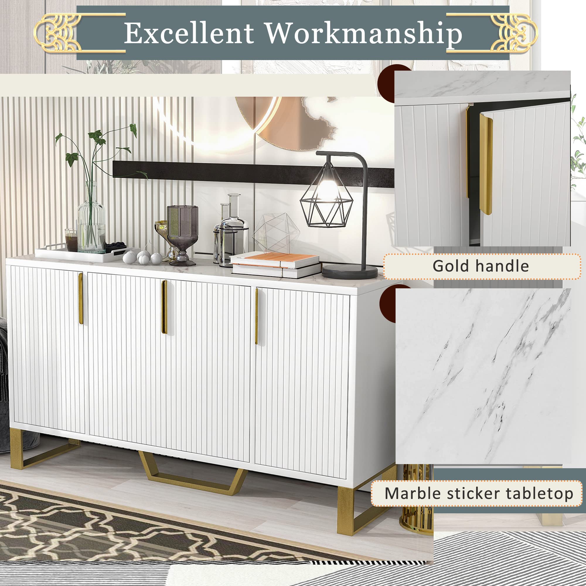 Luxury 4-Door Buffet Sideboard Cabinet with Adjustable Shelves - Freestanding Storage Furniture with Metal Handles & Legs for Dining Room, Living Room & Entryway - Perfect for Home Organization & Entertaining (White)