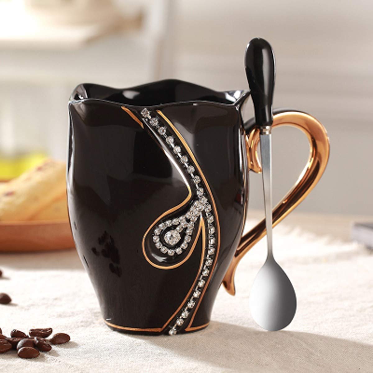 Sparkling Rhinestone Coffee Mug - Elegant Ceramic Water Cup for Office & Home Use - Unique Gift for Women with Spoon Included (Black) - Perfect for Coffee, Tea, Hot Chocolate & Daily Beverages