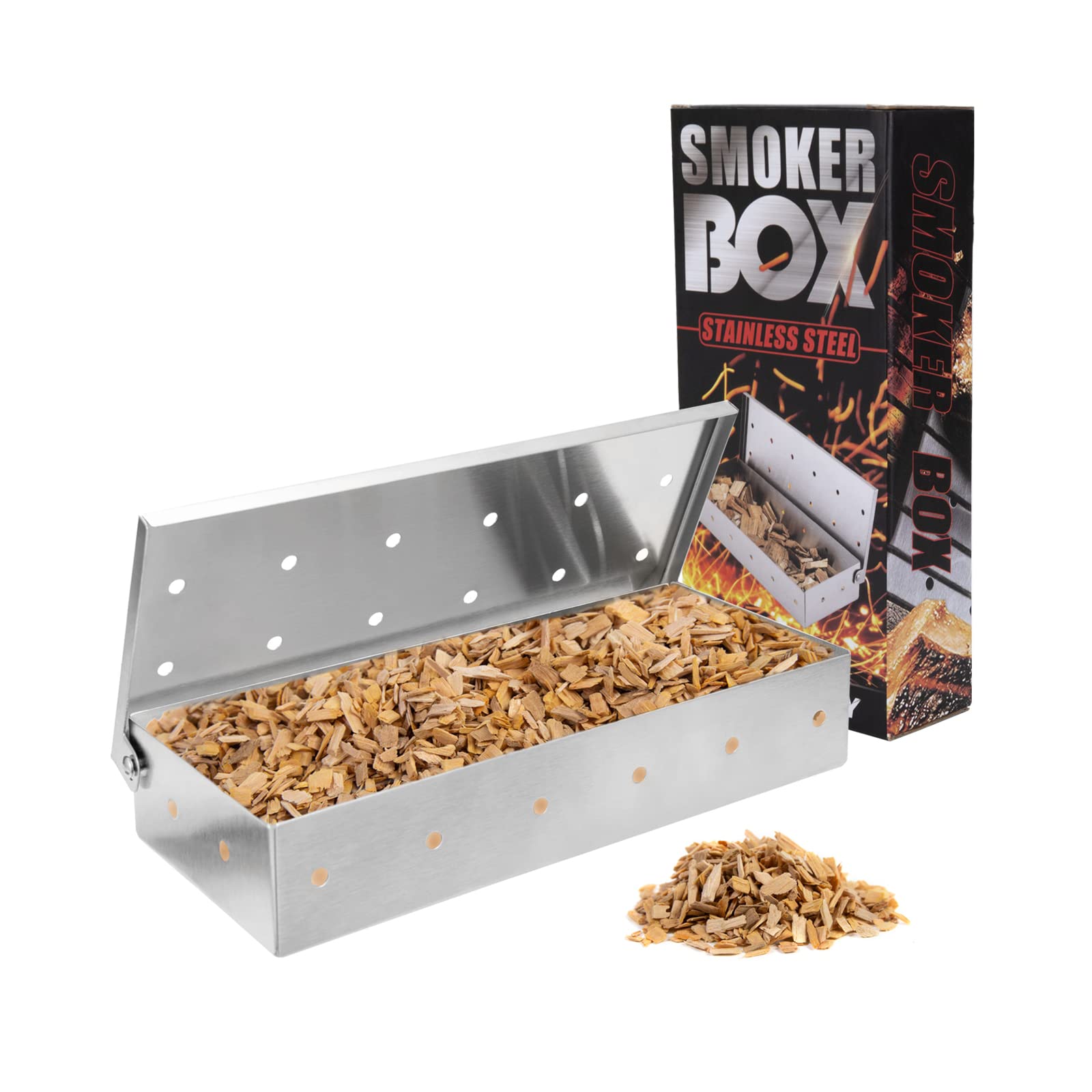 Stainless Steel BBQ Smoker Box - Portable Wood Chip Smoking Box for Outdoor Gas & Charcoal Grills - Perfect for Smoking Meat, Fish & Vegetables at Home or Camping