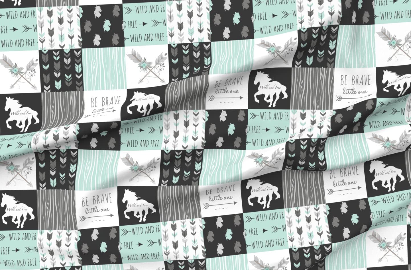 Premium Minky Fabric Fat Quarter - Wild Horses & Arrows Print in Aqua, Black, Grey & White - Soft Plush Material for Baby Blankets, Quilt Backing & Sewing Projects | DIY Nursery Decor, Home Decor & Crafting