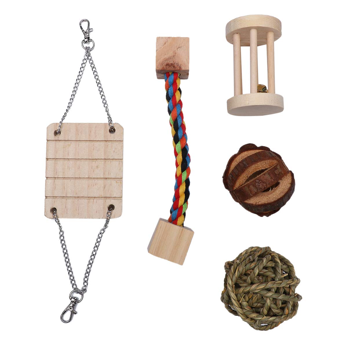 Wooden Hamster Chew Toys for Guinea Pigs, Rabbits & Chinchillas - 5pc Teeth Care & Exercise Set for Small Pets