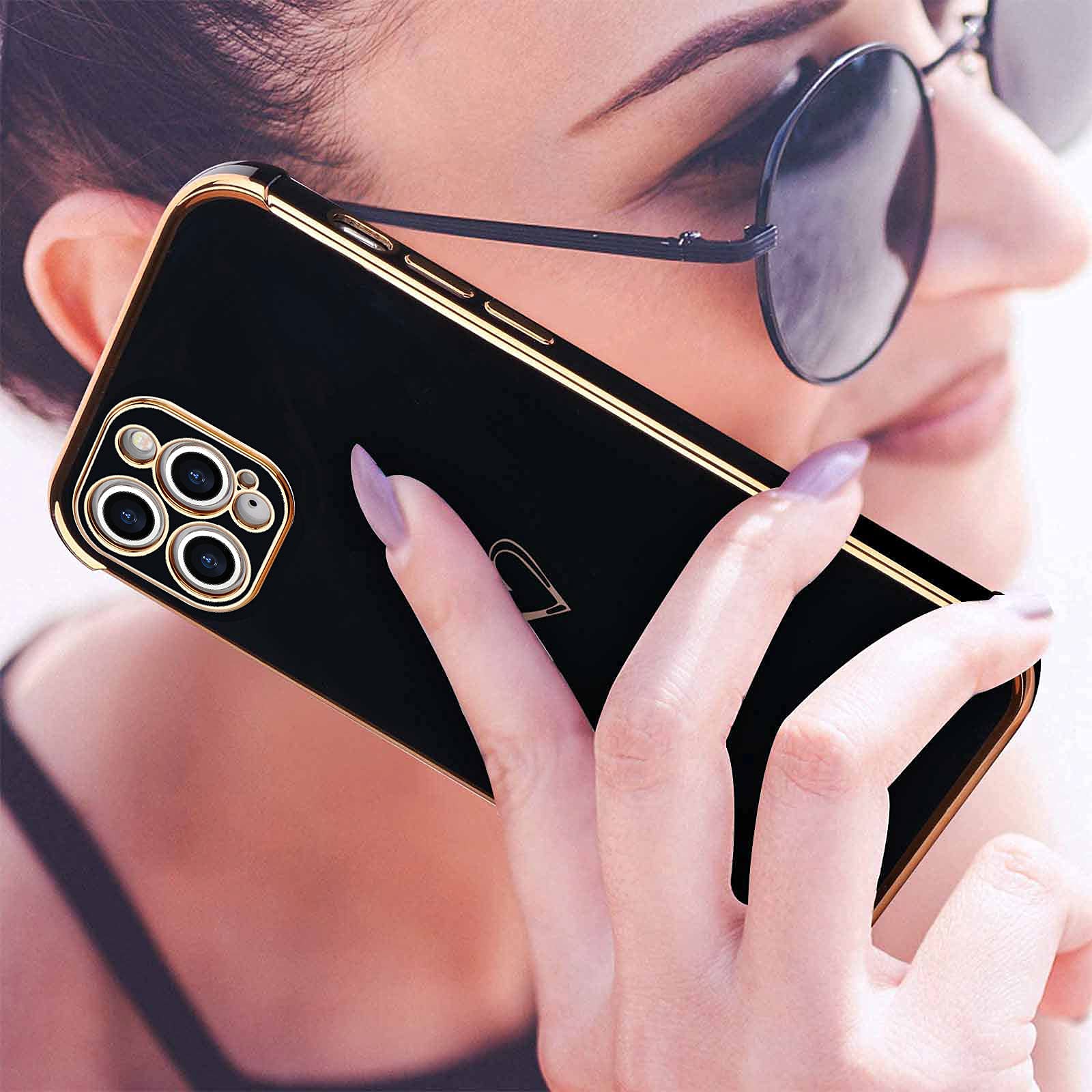 Cute Love Heart iPhone 12 Pro Max Case - Luxury Plating Shockproof Silicone Cover with Camera Protection | Slim Soft Bumper Phone Case for Women & Girls | Perfect for Daily Use, Work, Travel & Gift Giving (Black)