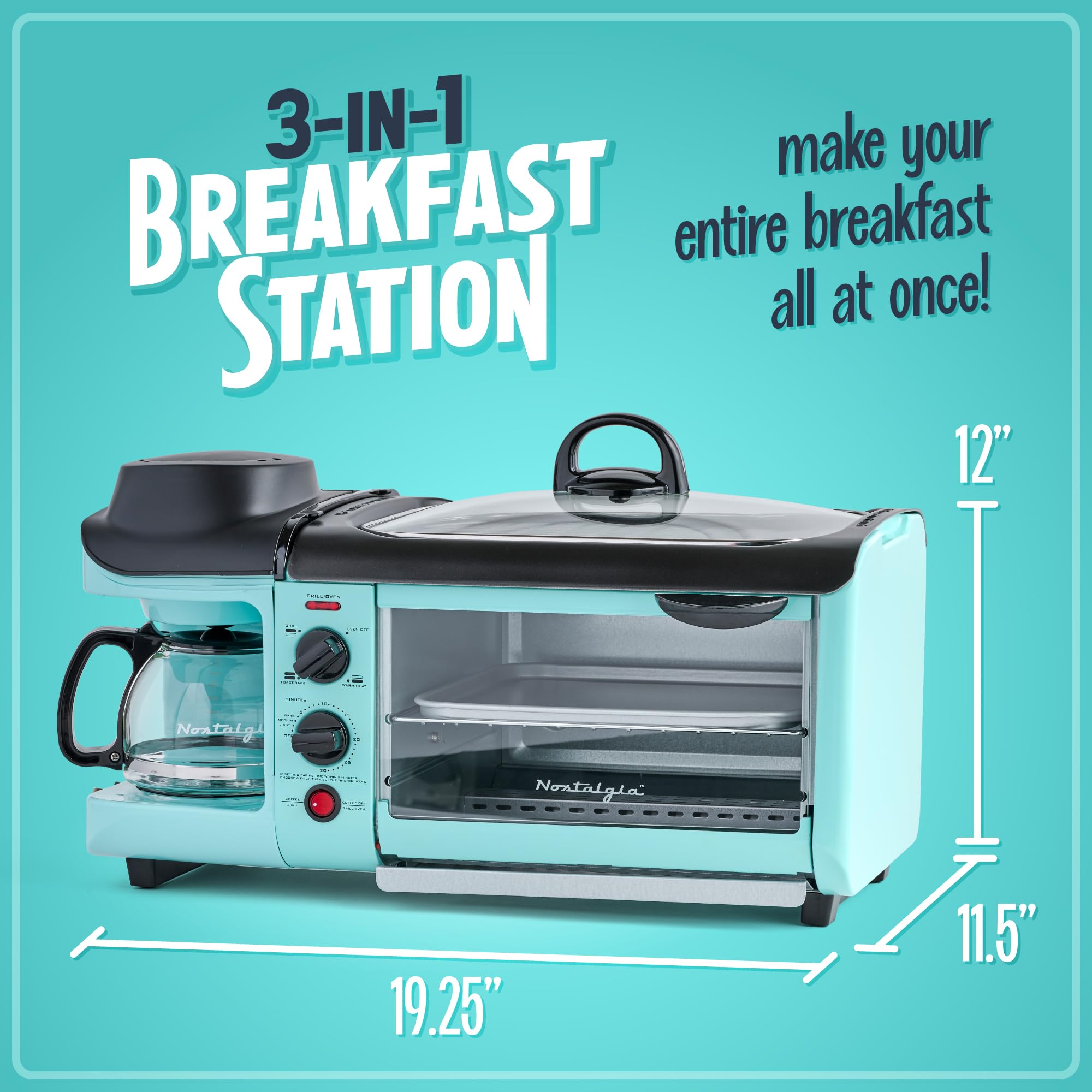 Nostalgia 3-in-1 Breakfast Station with Coffee Maker, Non-Stick Griddle & 4-Slice Toaster Oven | Versatile Breakfast Maker with Timer | Perfect for Small Kitchens, Dorms & RV Living | Aqua
