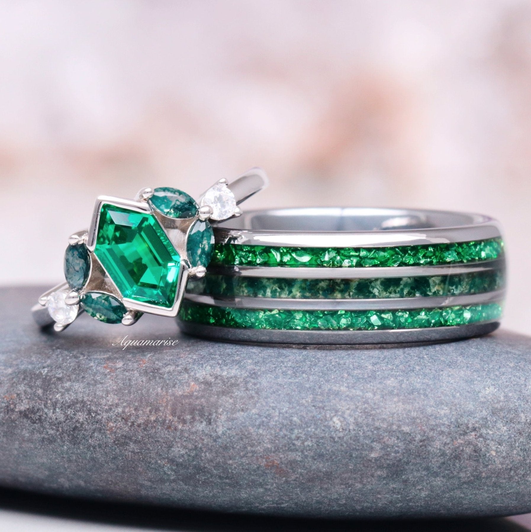 Hexagon Emerald & Moss Agate Couple Rings - Matching Wedding Bands for Him & Her - Dainty Stackable Promise Rings for Anniversary, Engagement & Everyday Wear