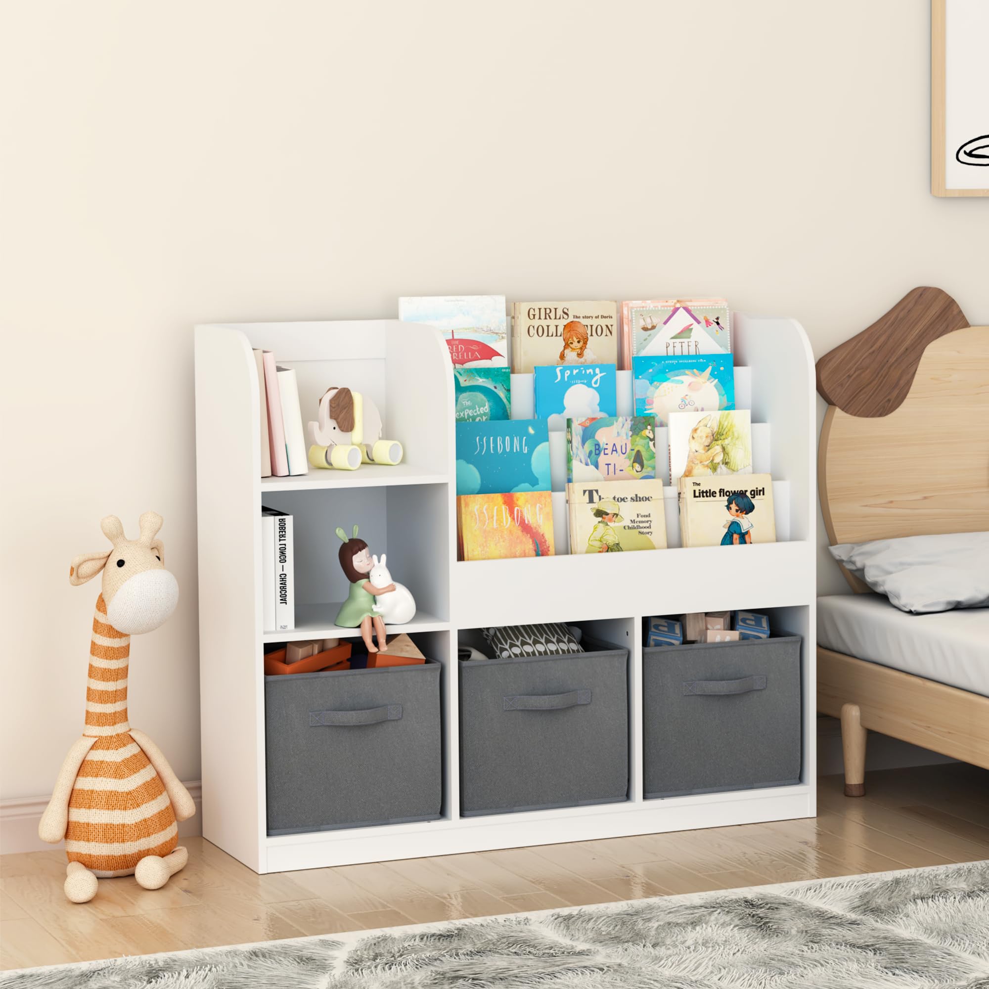 CCKO Kids Bookcase with 3 Movable Fabric Drawers - Multifunctional Bookshelf & Toy Storage Organizer for Nursery, Playroom, Bedroom - White/Gray Display Shelf for Books, Toys & Room Decor