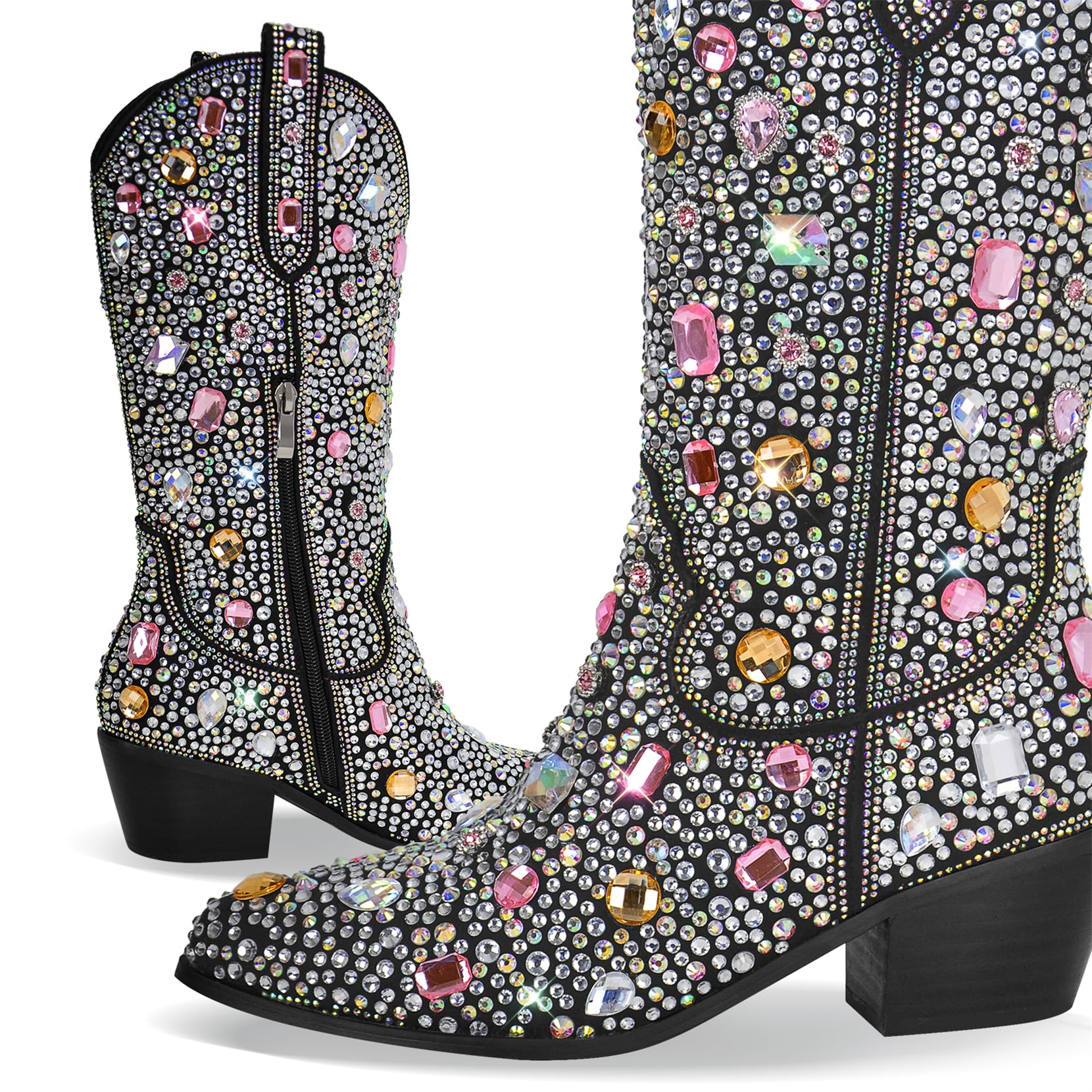Sparkly Rhinestone Cowboy Cowgirl Boots for Women - 2 Inch Heel Calf High Western Boots with Pull-On Tabs | Perfect for Country Dancing, Rodeos & Festive Occasions