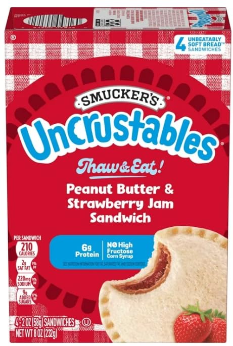 Uncrustables Peanut Butter & Strawberry Jam Frozen Sandwiches - 16 Packs (64 Count) | No-Crust PB&J Snacks for Kids Lunch, School, Picnics & On-the-Go