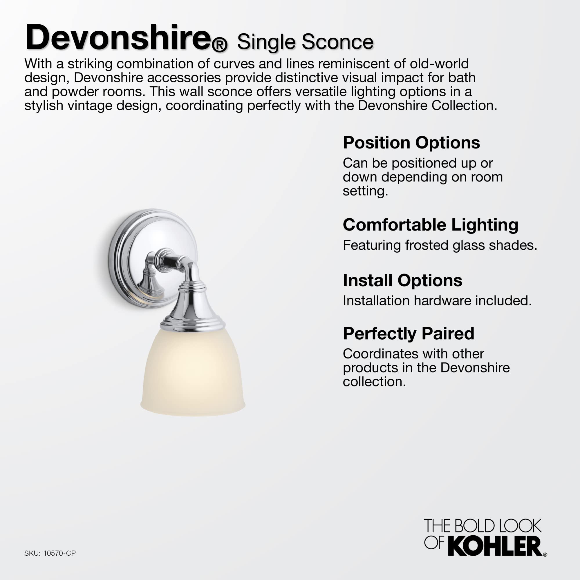 KOHLER Devonshire Brushed Moderne Brass Bathroom Vanity Light Fixture - Adjustable Wall Sconce with Up/Down Facing, UL Listed 1-Light - Perfect for Bathroom, Powder Room & Dressing Area Lighting