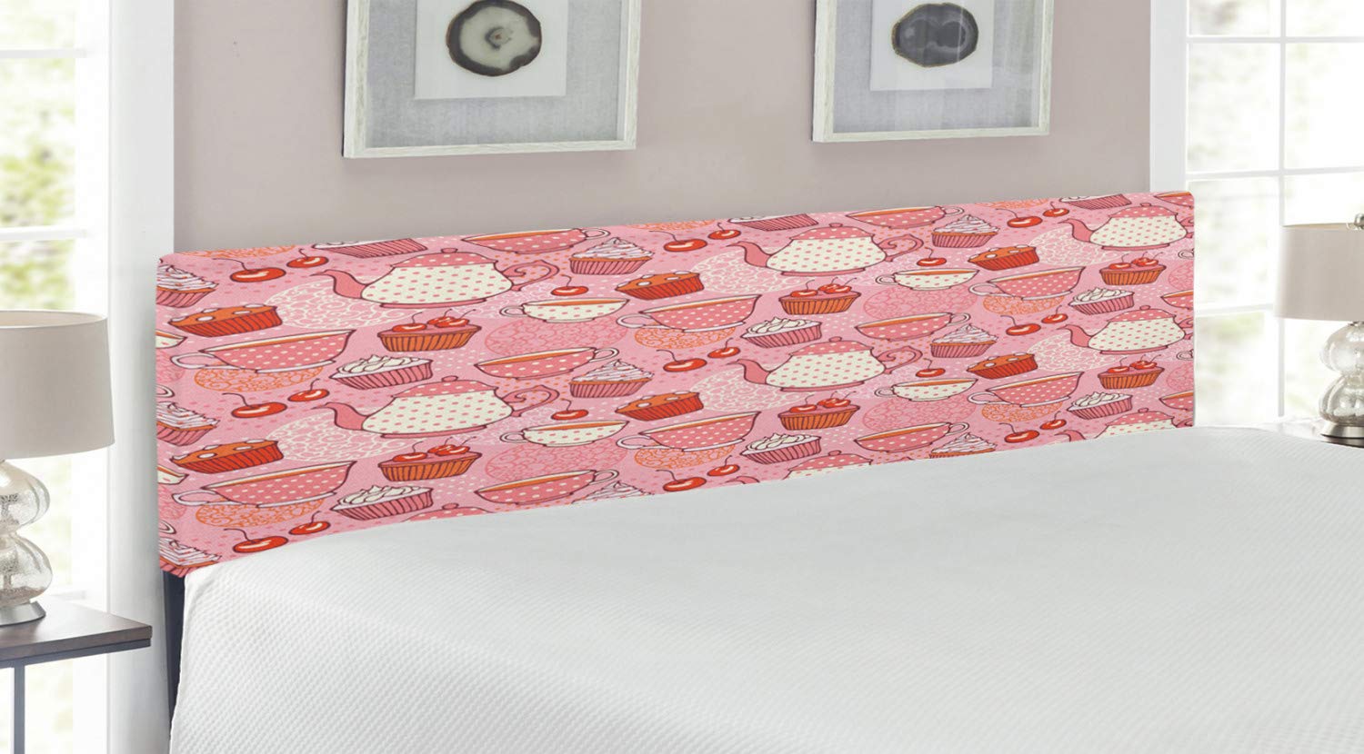 Ambesonne Cartoon Headboard - Teapots & Cups with Polka Dots, Cherries & Cake Design - Upholstered Decorative Metal Bed Headboard with Memory Foam - King Size in Pink, Orange & Red - Perfect for Kids' Rooms, Nursery Decor & Whimsical Bedroom Themes