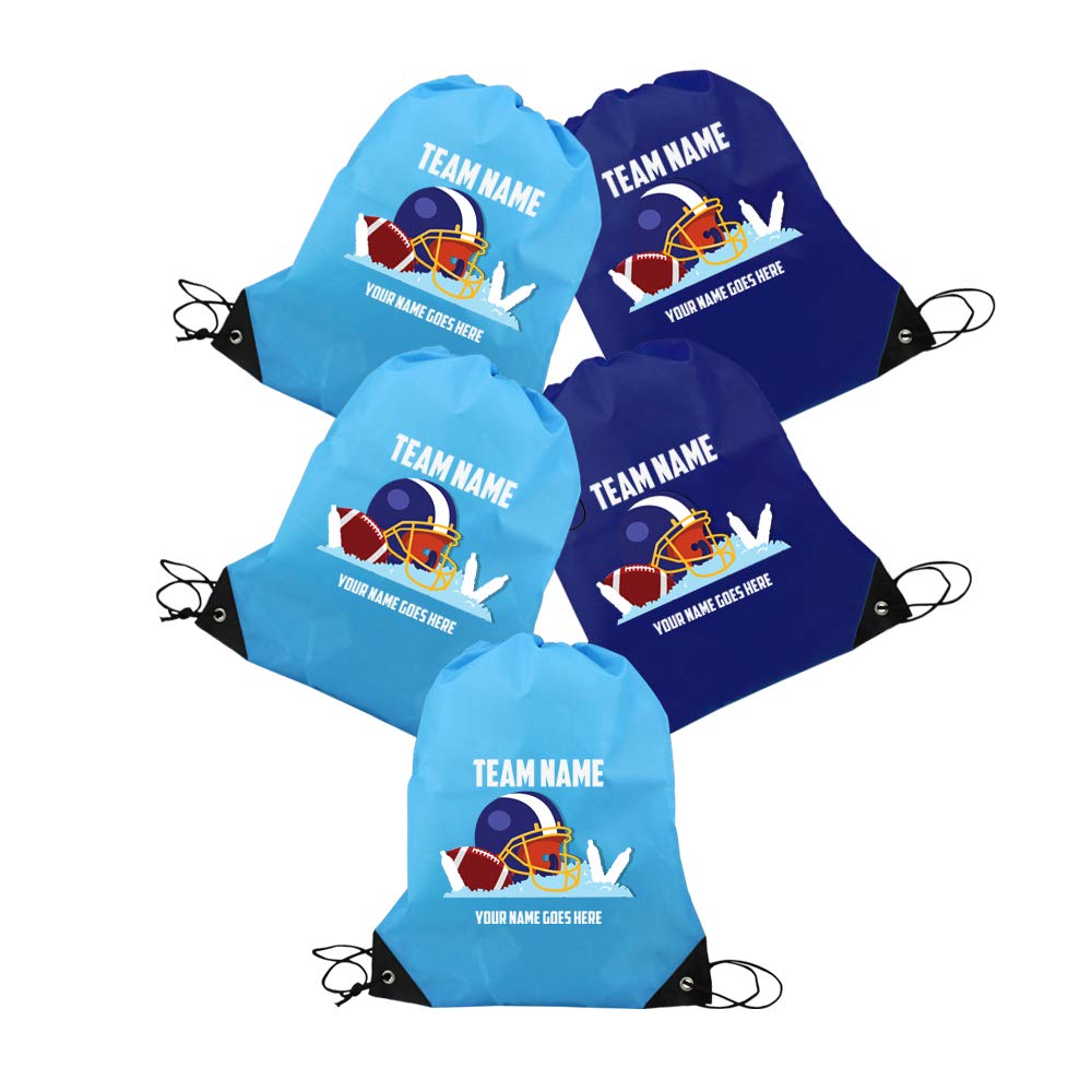 Custom Football Drawstring Bags with Personalized Text - 5 Pack for School, Sports & Events - Durable Gym Backpacks & Promotional Gift Bags in Assorted Blue Designs - Perfect for Team Sports, School Activities & Corporate Giveaways