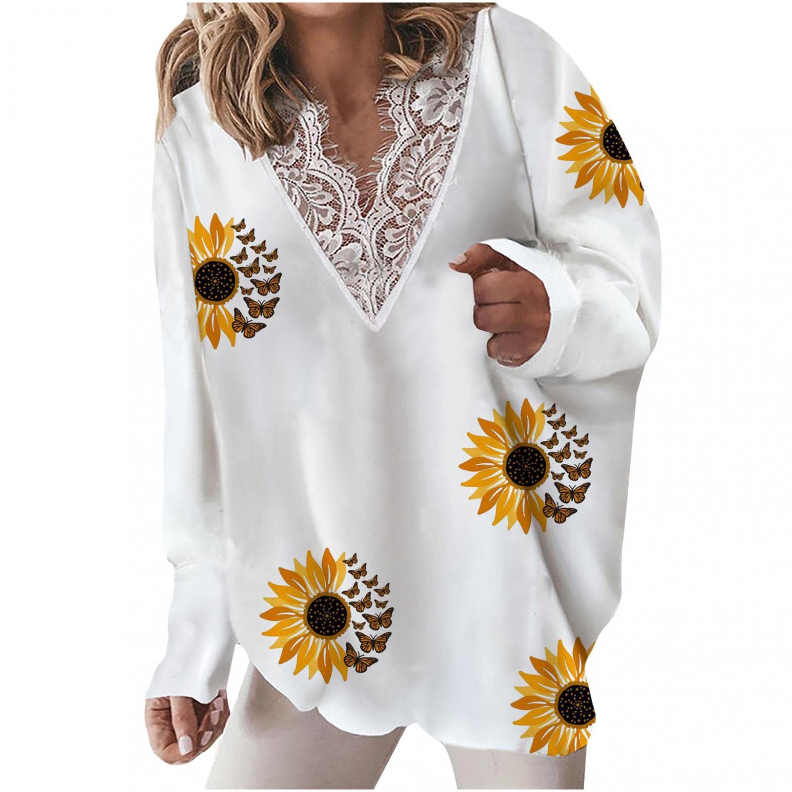 Women's Casual Boho Floral Print Chiffon Blouse - V Neck Lace Trim Long Sleeve Loose Tunic Top for Spring/Summer, Office Wear & Date Night Outfits