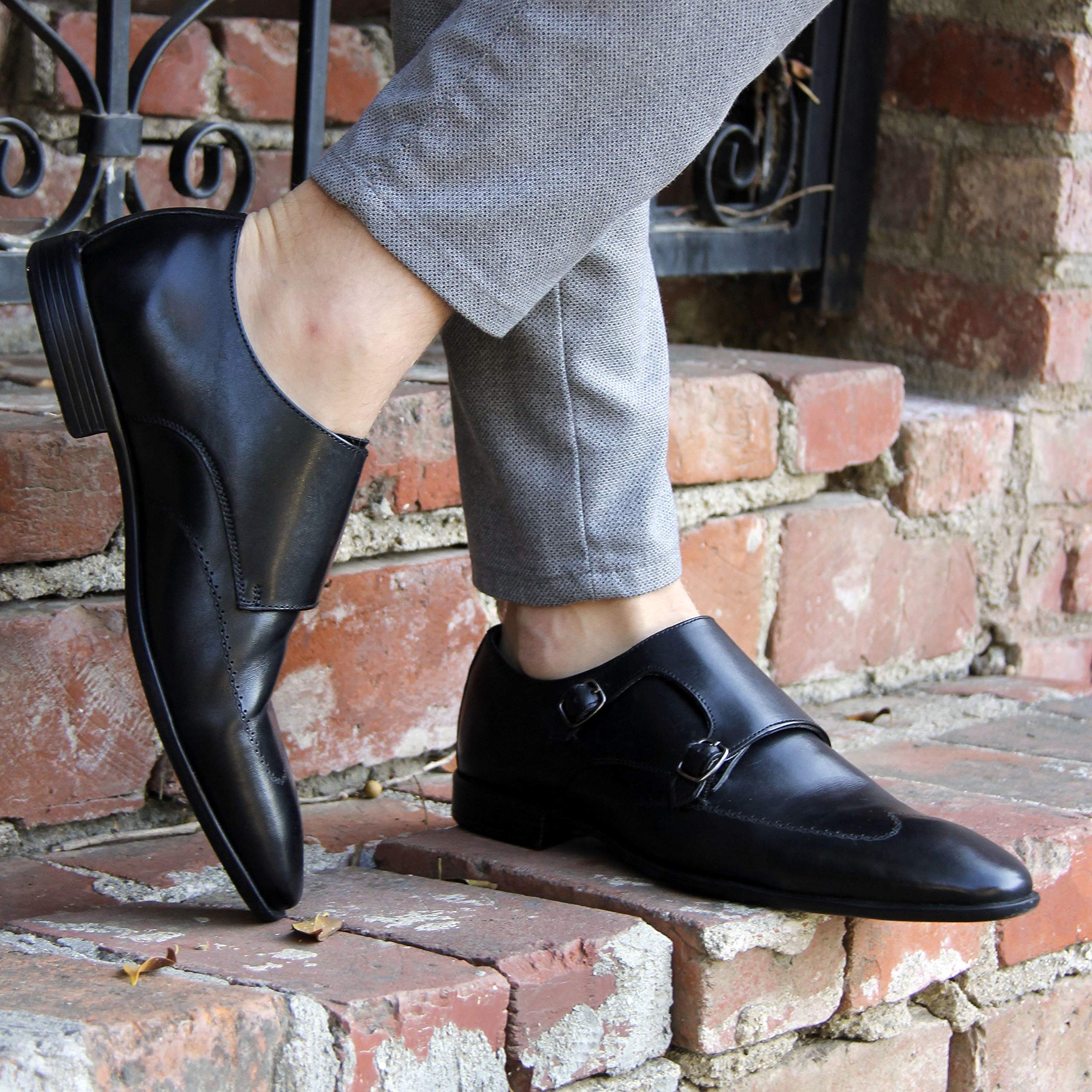 Melvin Men's Luxury Genuine Leather Wingtip Monk Strap Dress Shoes - Handcrafted Formal Business Shoes with Lightweight TPR Sole - Perfect for Weddings, Office & Special Occasions
