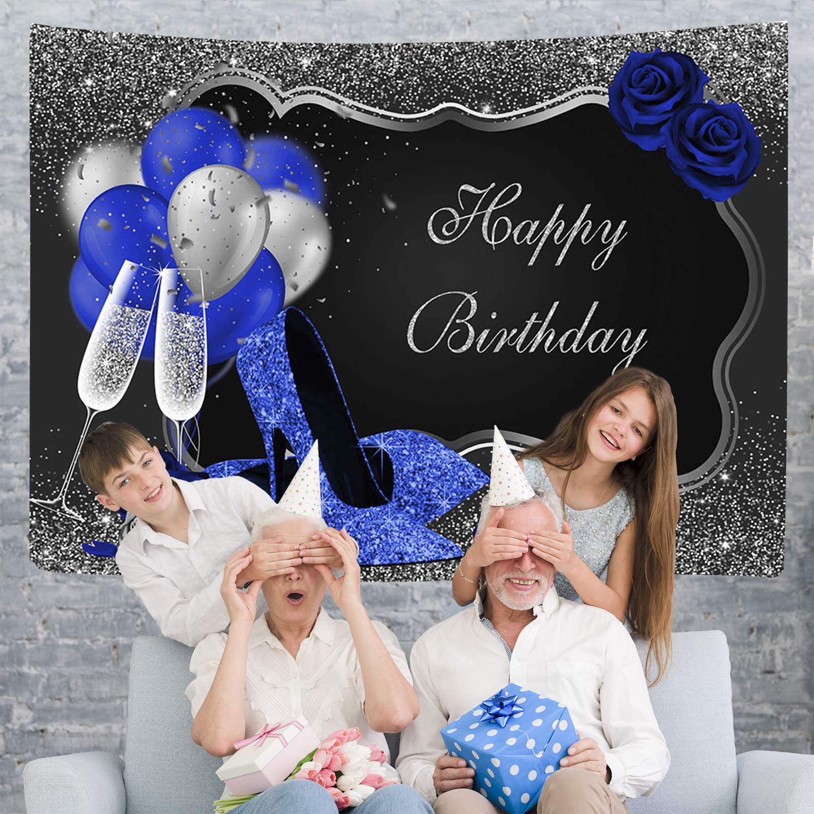 Royal Blue High Heels & Balloons Birthday Backdrop - 8x6ft (96x72 inch) Silver & Black Party Decoration for Women with Blue Roses - Perfect for Birthday Celebrations, Baby Showers & Special Events