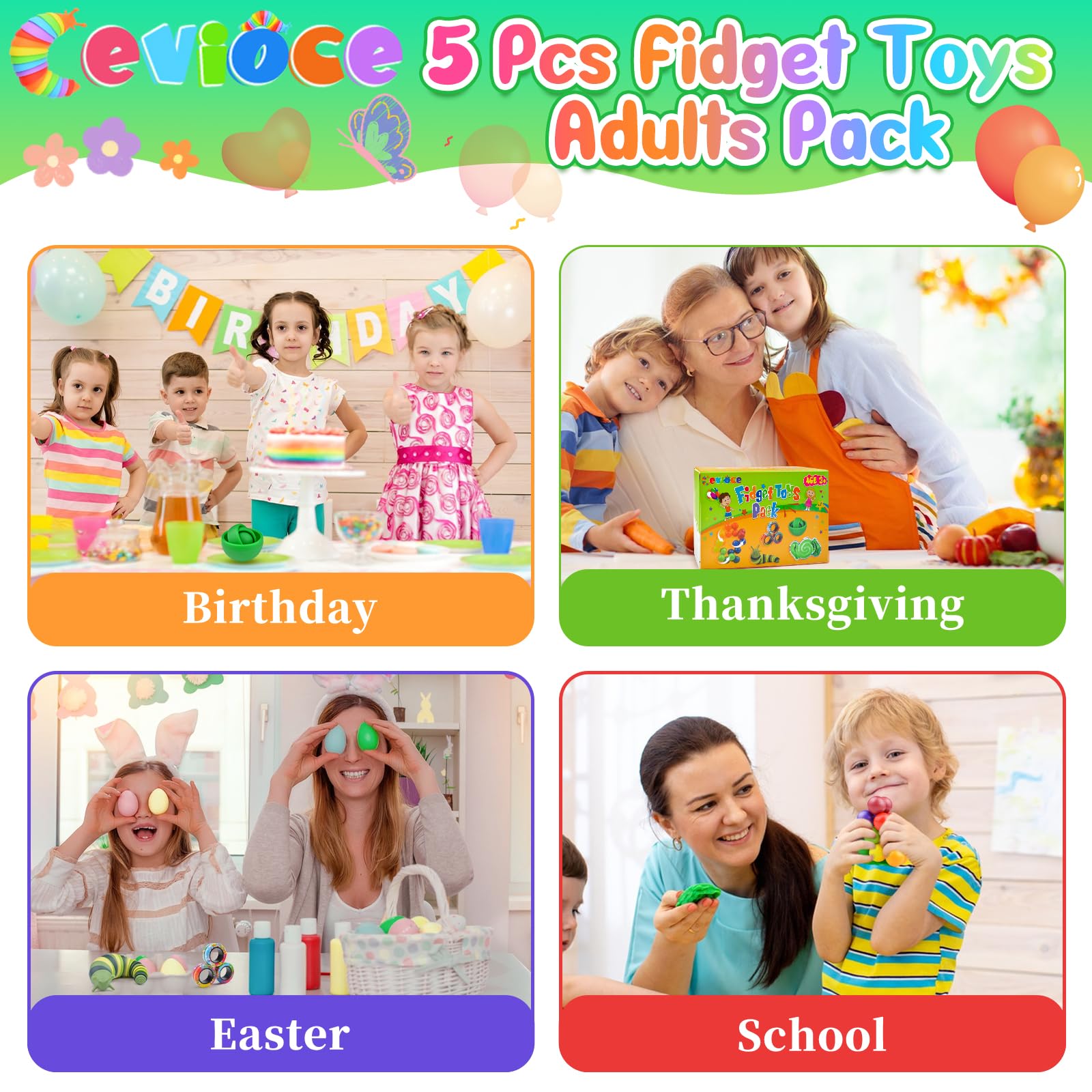 Cevioce 5Pcs Stress Relief Fidget Toys Set for Adults & Kids - ADHD Sensory Toys with Spinner, Slug Magnetic Rings & Squishy Toys - Easter Basket Stuffers, Party Favors, Autism Therapy & Classroom Sensory Tools