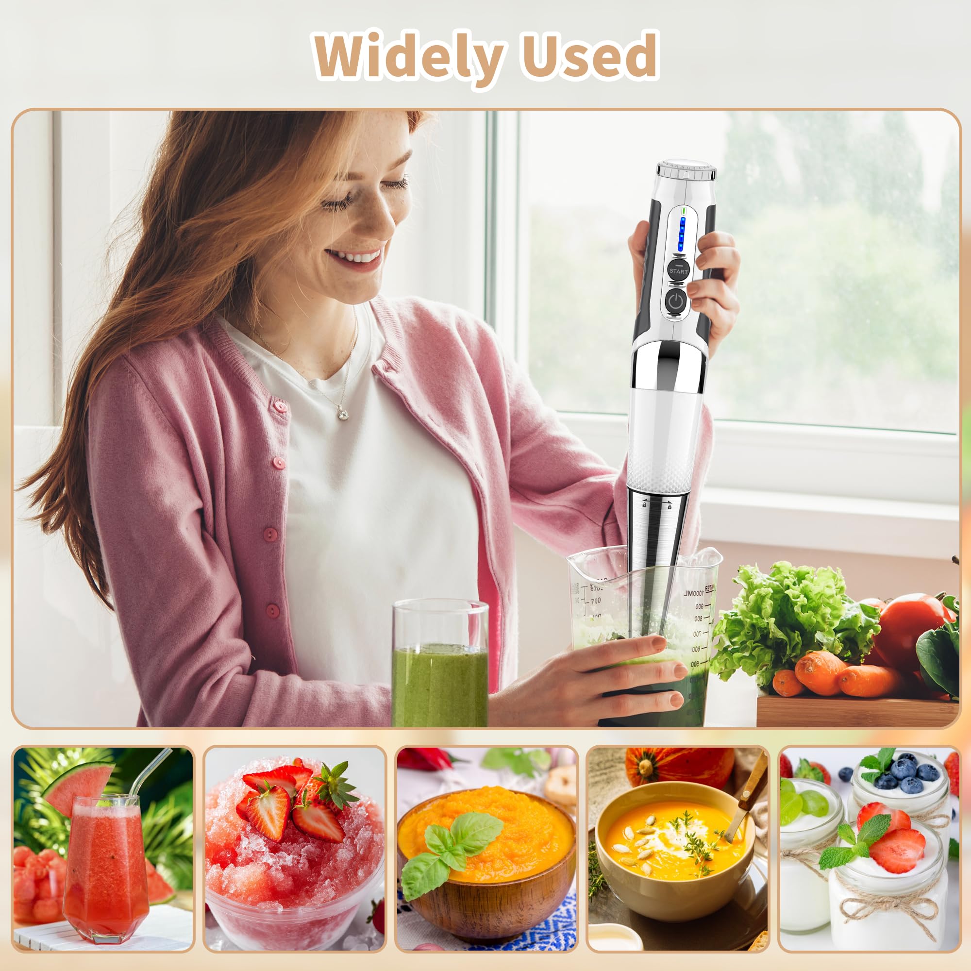 Powerful 21-Speed Cordless Immersion Blender - Rechargeable Handheld Blender with 3-Angle Adjustable Stainless Steel Blades for Smoothies, Soup, Baby Food & Puree - Perfect for Kitchen, Camping & Small Spaces (White)