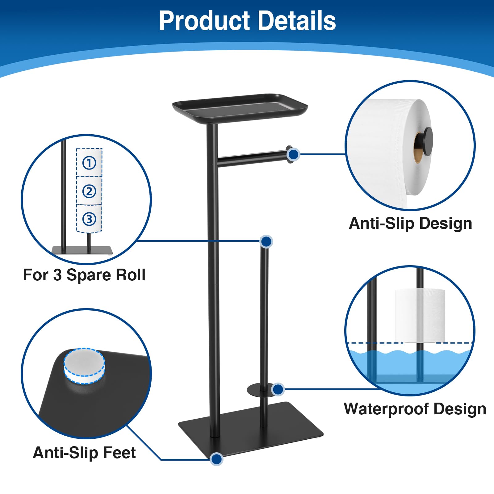Free Standing Toilet Paper Holder Stand with Storage Shelf - Bathroom Tissue Roll Dispenser Holds 4 Spare Rolls - Perfect for Home, Office & RV Bathroom Organization