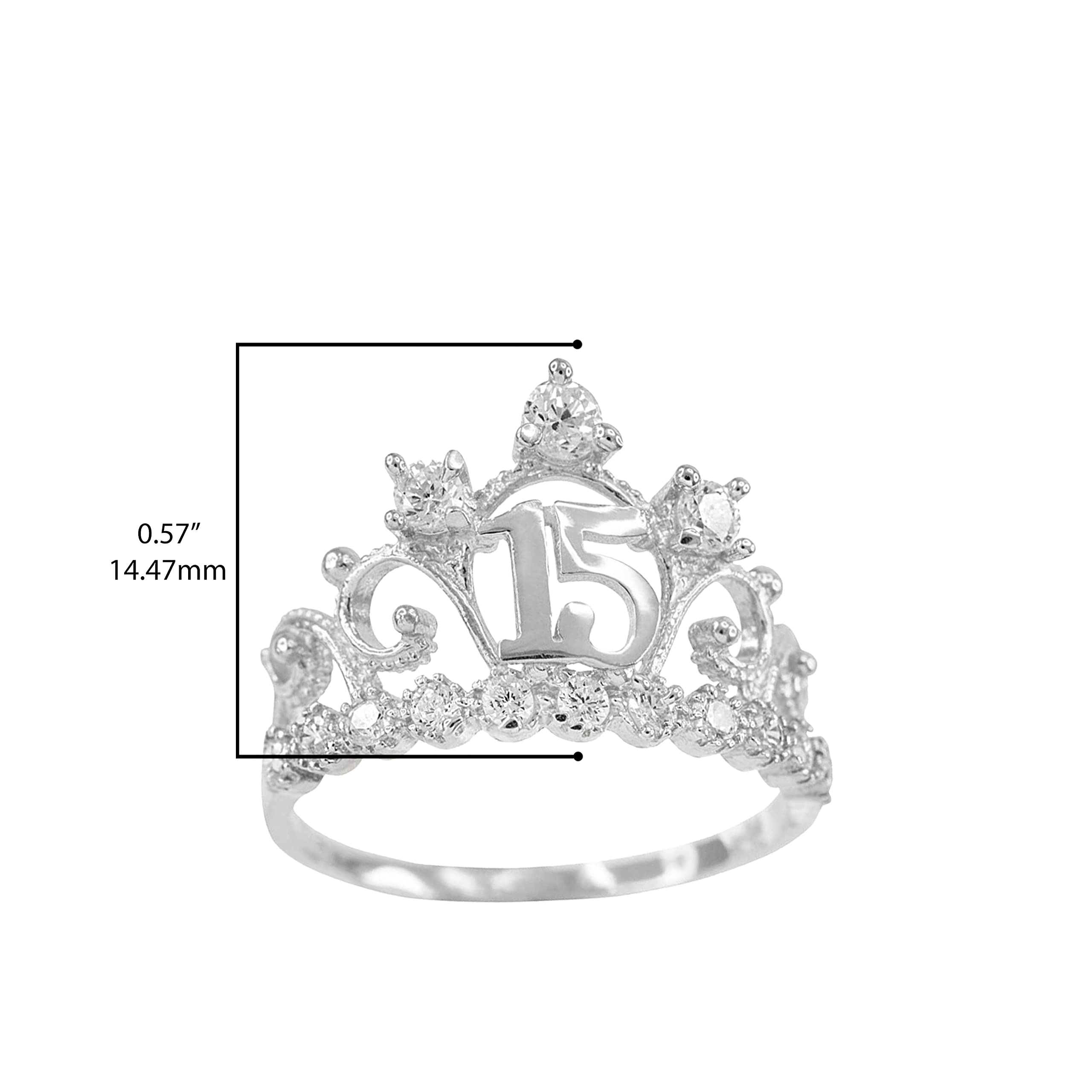 10K White Gold Cubic Zirconia Tiara Crown Ring - Elegant Milgrain Quinceañera Jewelry for Sweet 15 Birthday, Prom, Wedding & Special Occasions