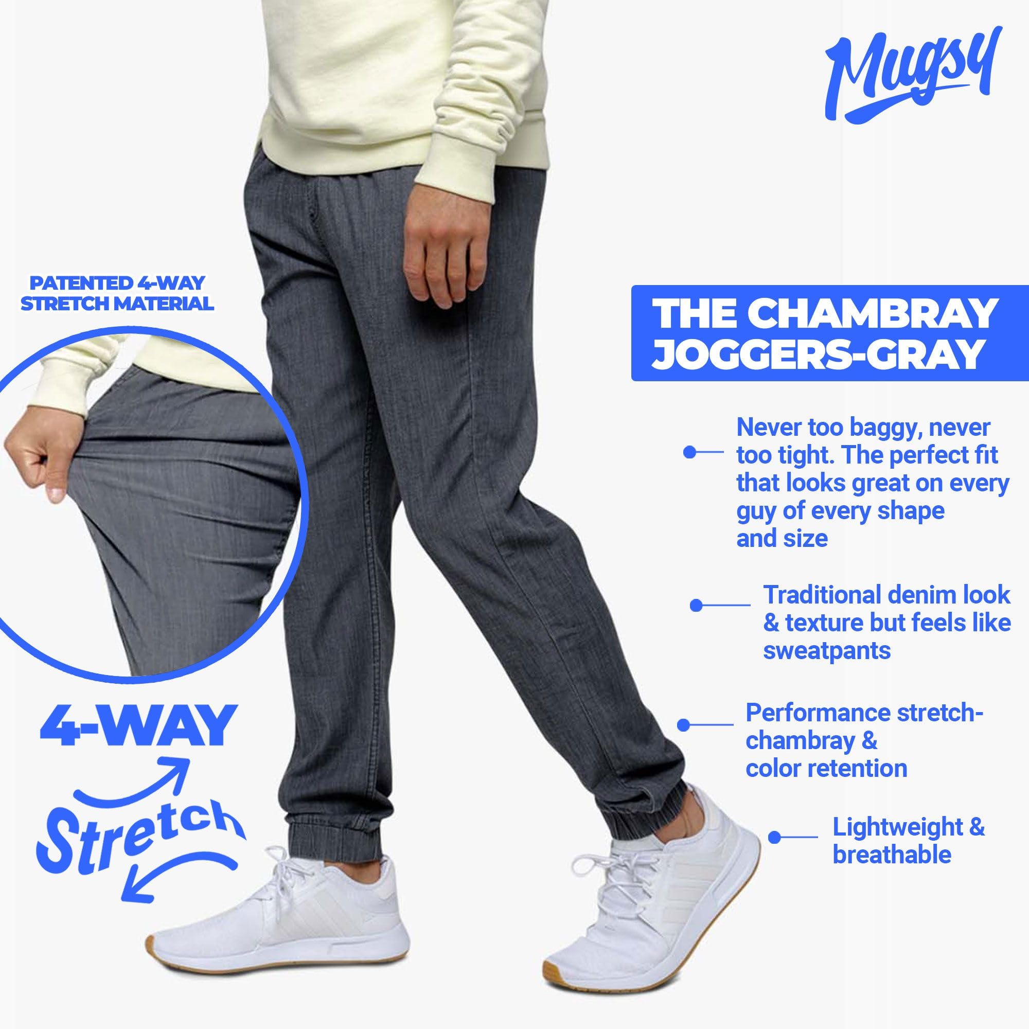 Mugsy Men’s Stretch Denim Joggers - Classic Fit Chambray Jogger Pants for Men | Comfortable & Flexible True to Size Casual Wear | Perfect for Lounge, Travel & Everyday Comfort