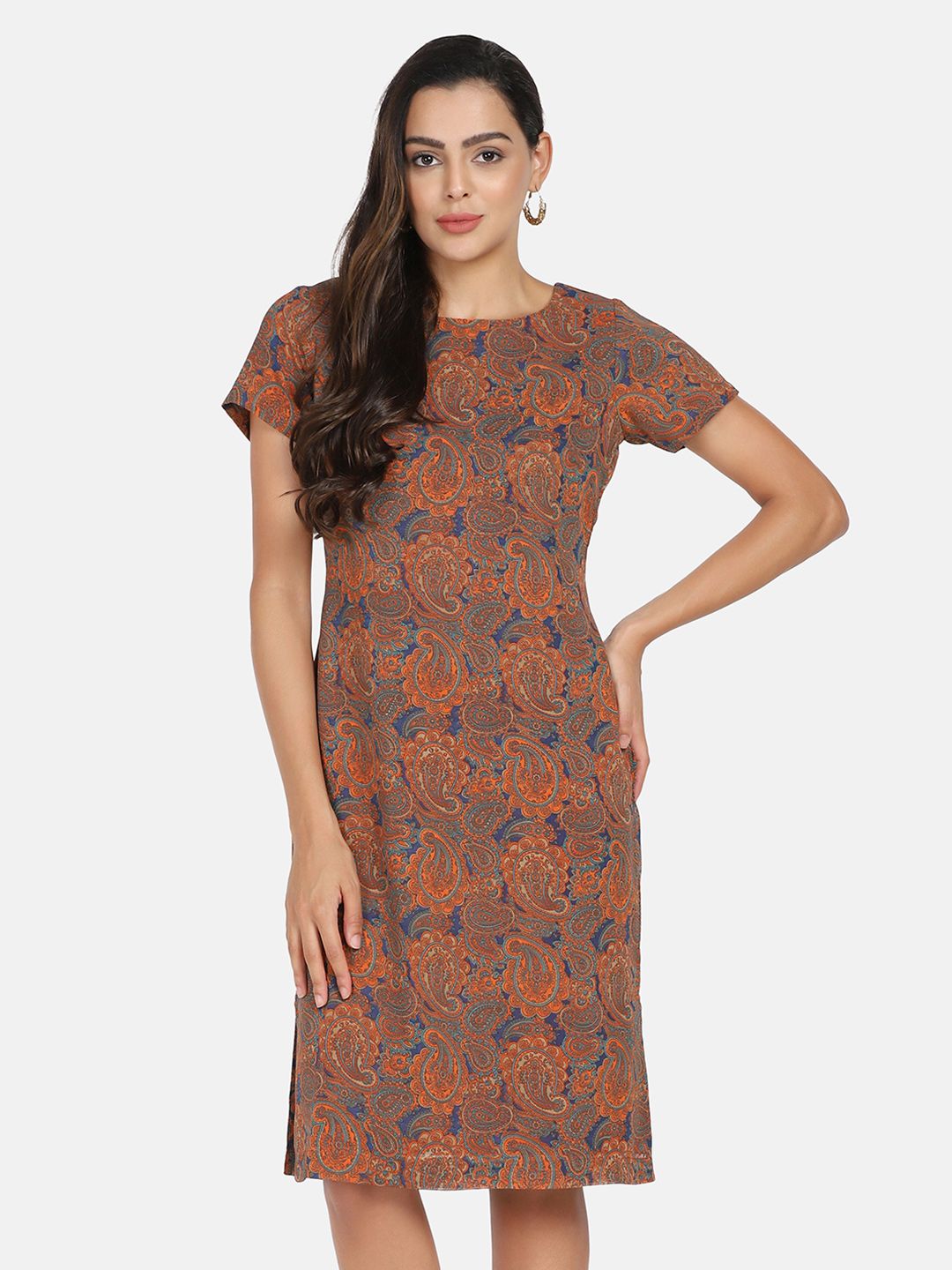 Elegant Paisley Print Georgette Sheath Dress for Women - Orange & Blue Floral Pattern | Perfect for Office Wear, Cocktail Parties & Special Occasions