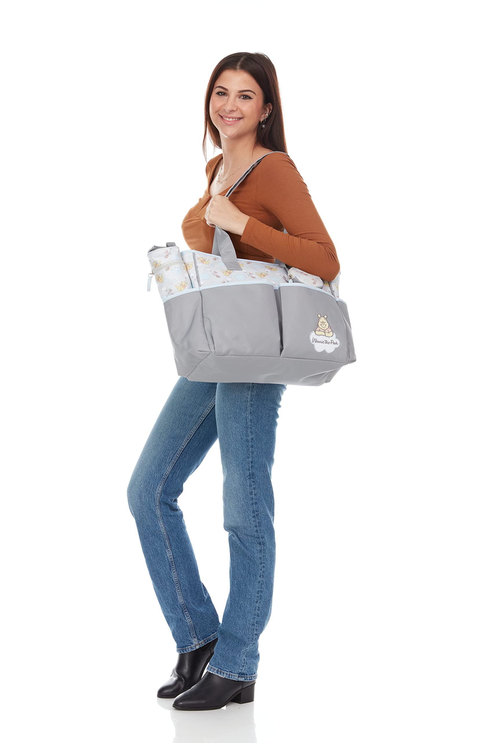 Cudlie Large Winnie The Pooh Print Diaper Bag with Changing Pad - Perfect for Baby Essentials, Travel & On-the-Go Parents