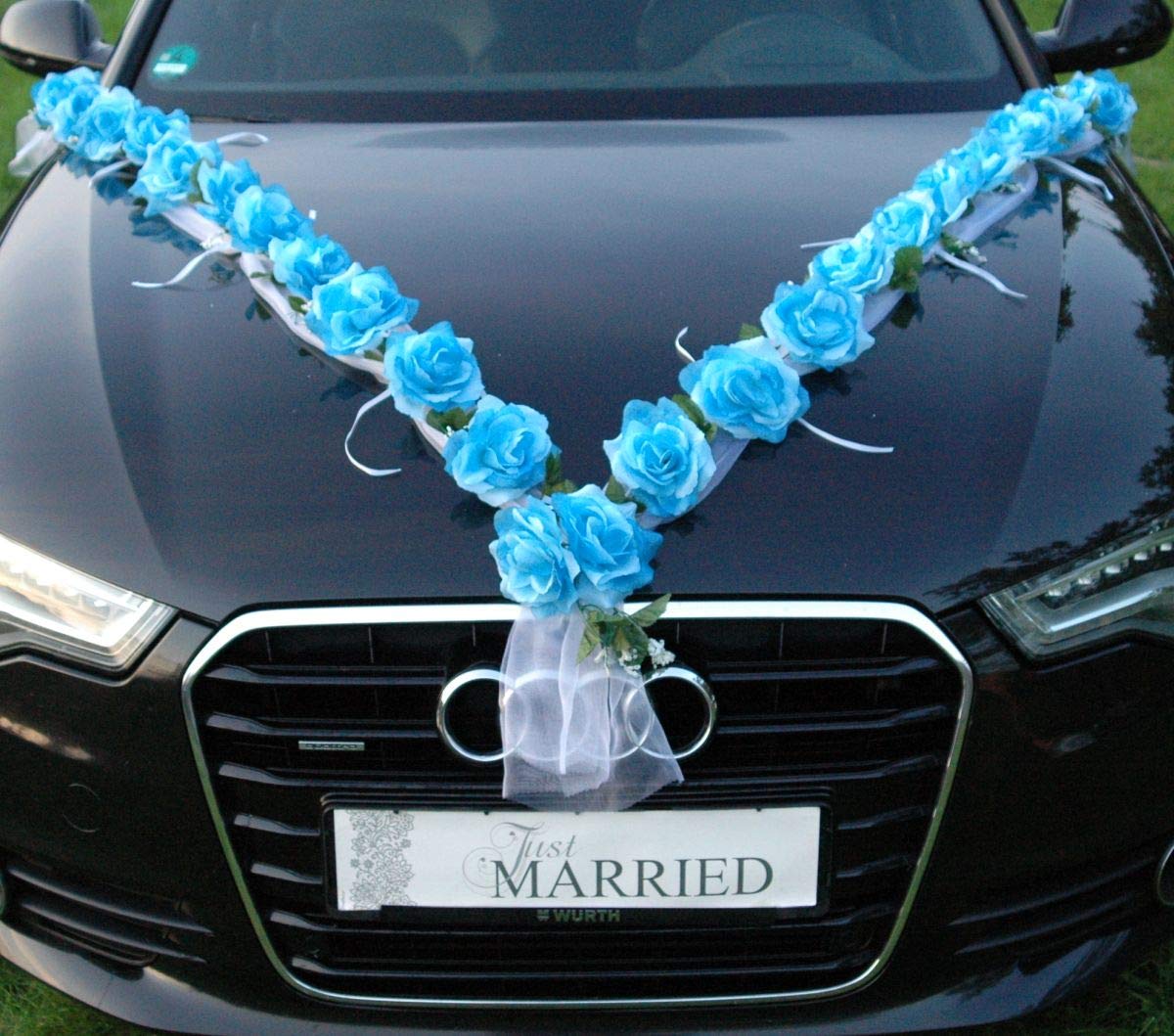 Rose Garland Car Jewelry - Bridal Couple Rose Decor for Wedding Cars (Blue/White) | Elegant Vehicle Decoration for Weddings, Anniversaries & Special Events