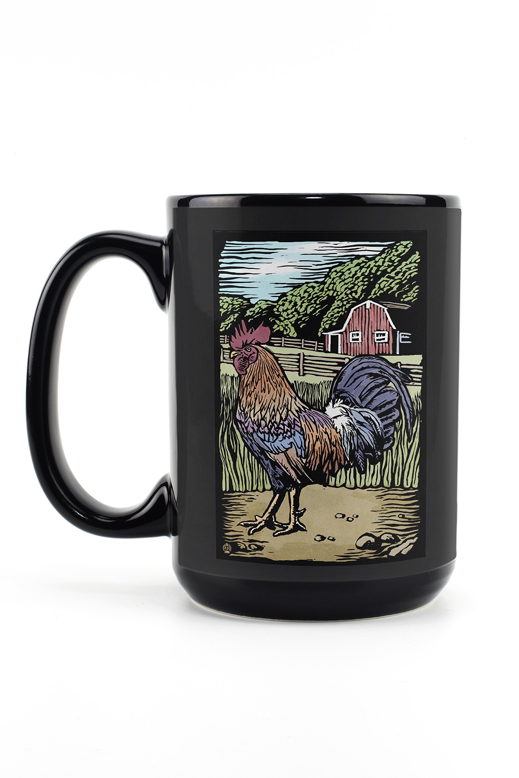 Lantern Press Rooster Scratchboard Design - 15oz Black Ceramic Coffee & Tea Mug - Dishwasher & Microwave Safe - Perfect for Home, Office & Outdoor Use