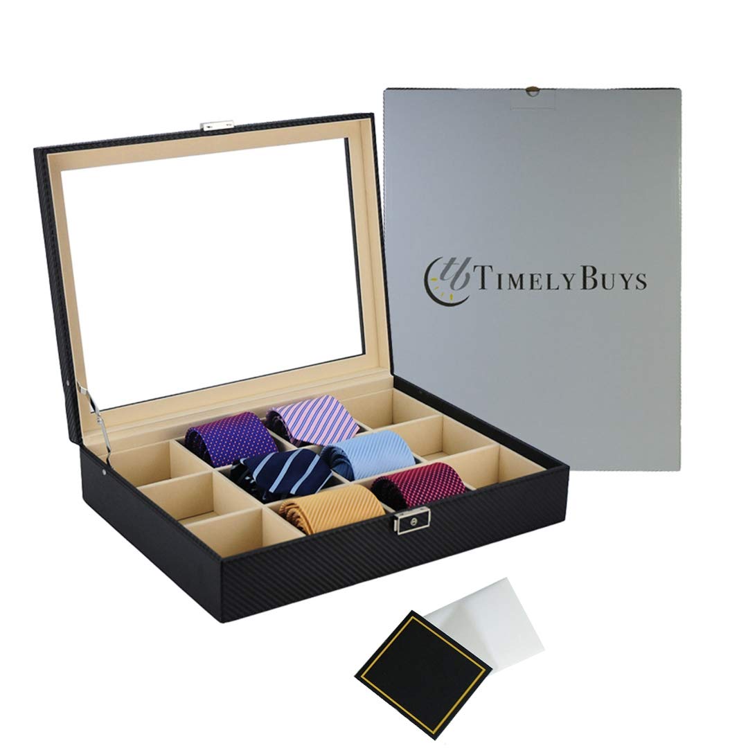 Premium Black Carbon Fiber Tie & Belt Organizer - Holds 12 Neckties, Belts & Men's Accessories | Durable Storage Case for Closet, Office & Travel | Perfect Father's Day Gift for Men