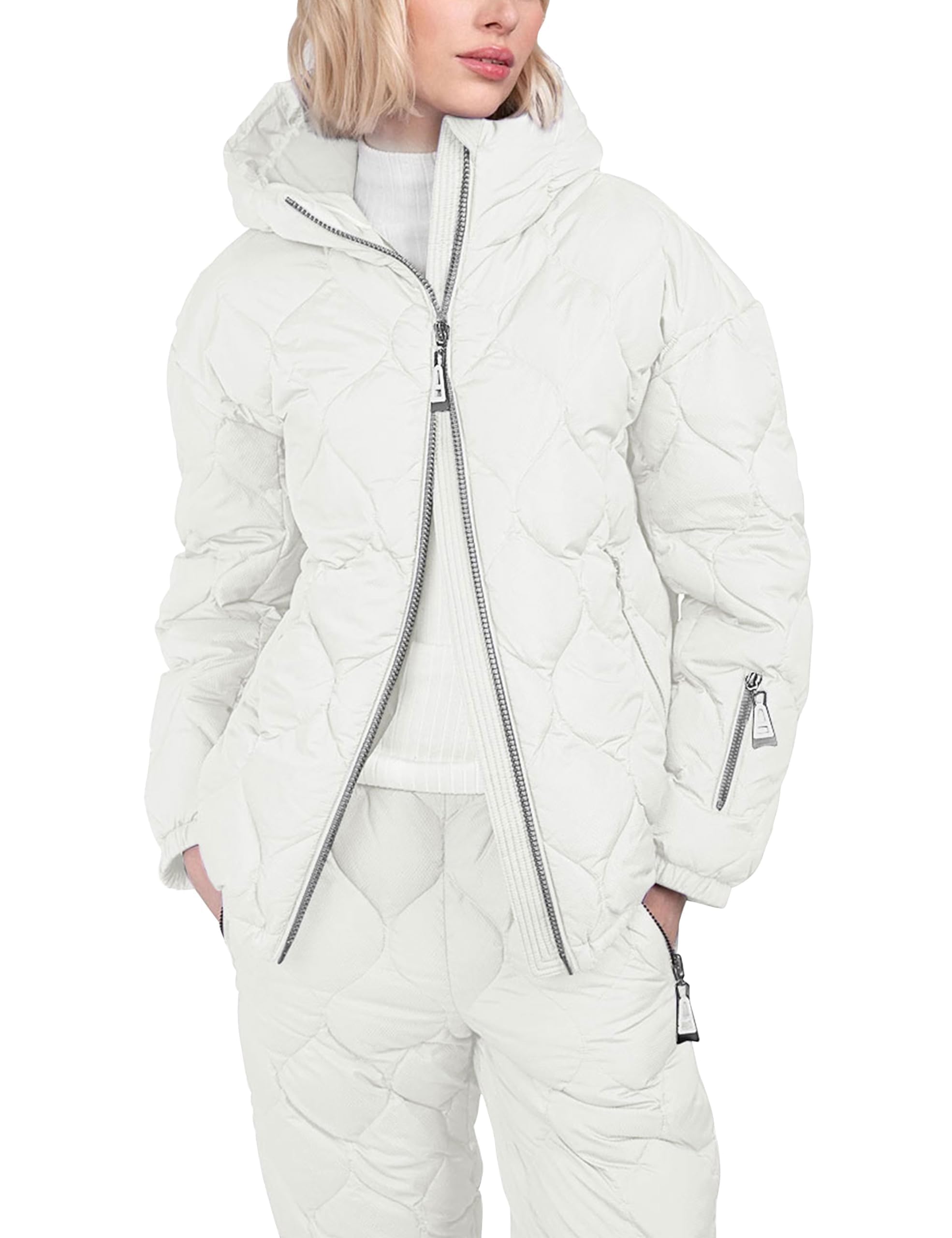 Women's 2-Piece Snow Suit Set - Waterproof Quilted Ski Jacket & Padded Jogger Pants with Hood for Winter Skiing, Snowboarding & Outdoor Activities | Warm Thermal Puffer Coat Outfit for Cold Weather Adventures