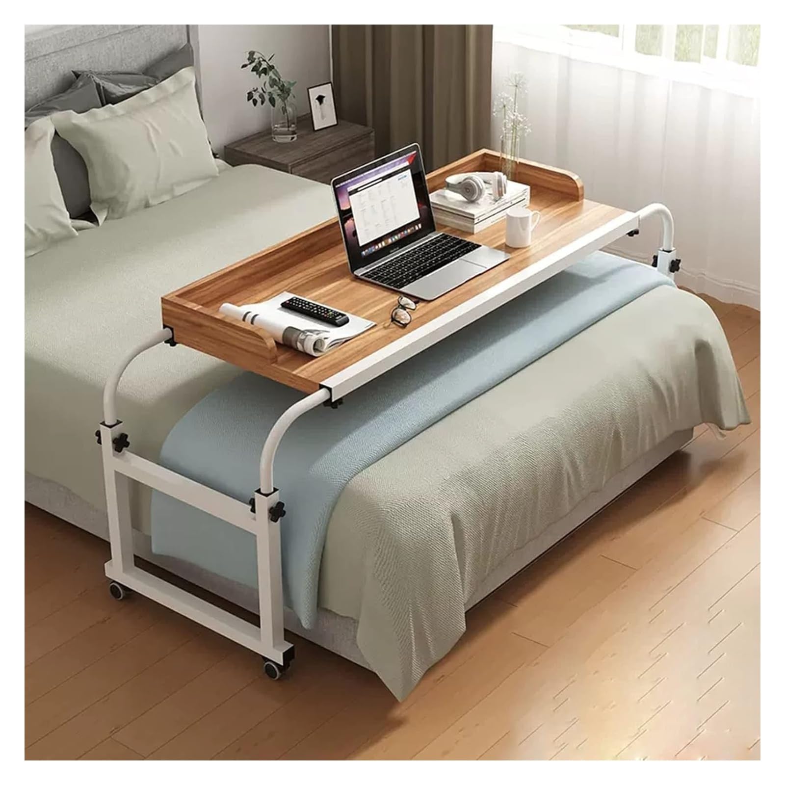 Adjustable Overbed Table with Wheels - Extendable Rolling Laptop Desk for Home Office, Height & Length Adjustable Mobile Workstation (Brown, 47.2 Inch) - Perfect for Bedside Computing, Hospital Use, and Small Space Work Areas
