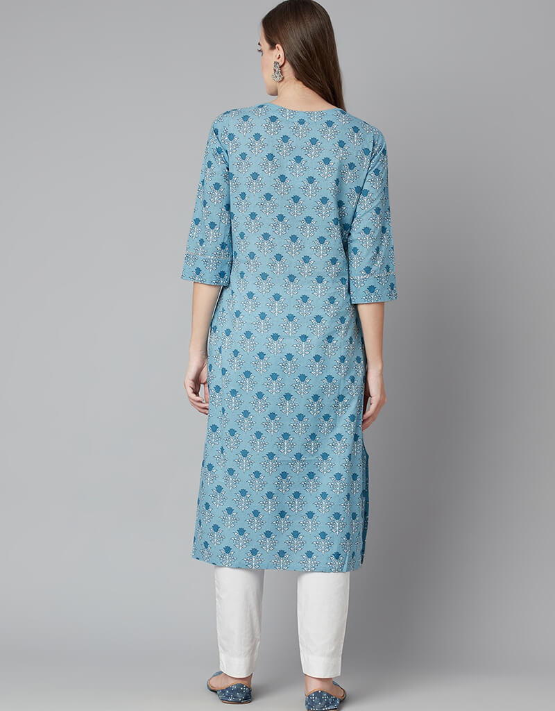 Blue Cotton Straight Kurti for Women - Comfortable & Stylish Indian Tunic Top for Casual Wear, Office & Festive Occasions