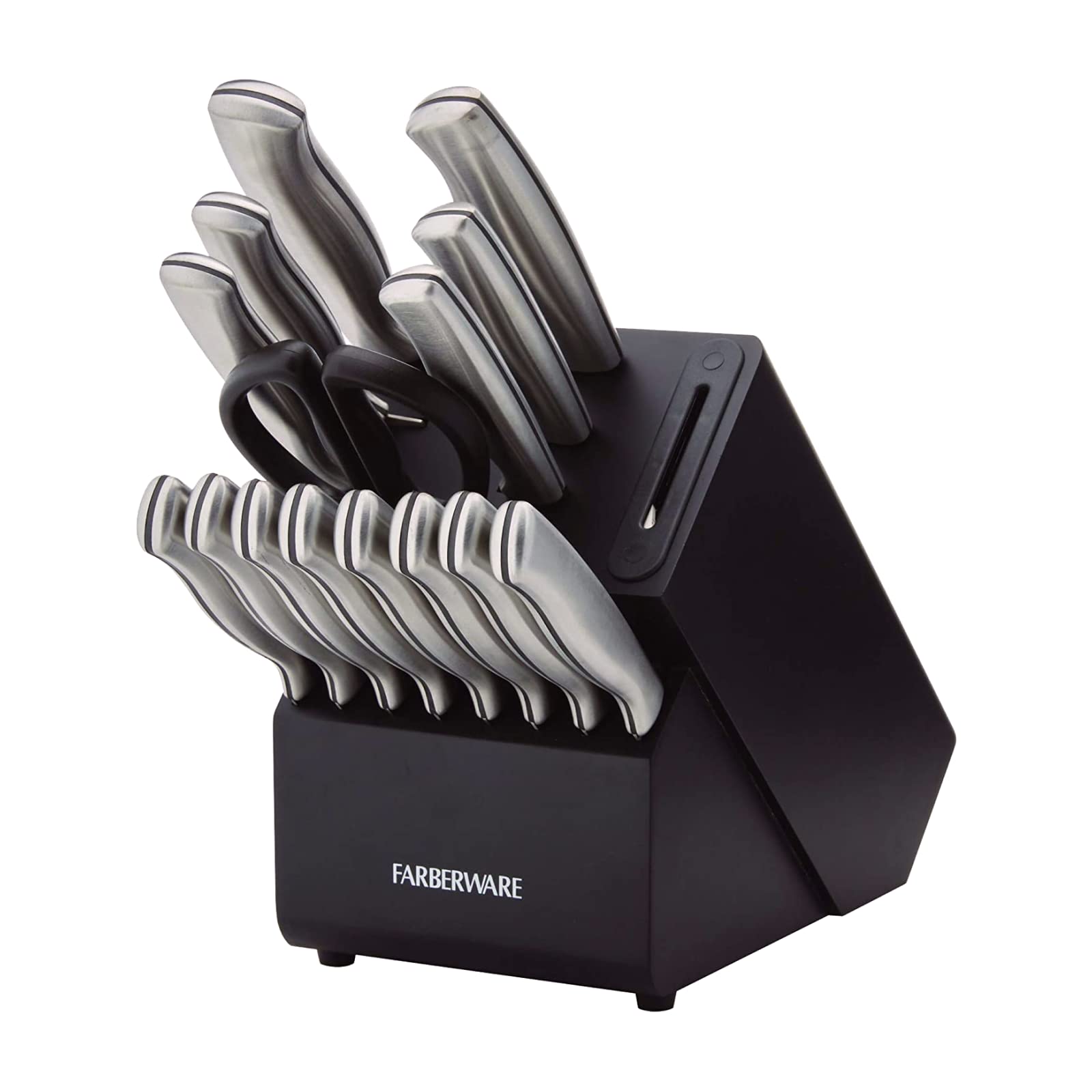 Farberware Edgekeeper 16-Piece Stainless Steel Knife Block Set with Built-in Sharpener - High Carbon Kitchen Knives for Professional Chefs & Home Cooking - Perfect for Slicing, Dicing, and Meal Prep