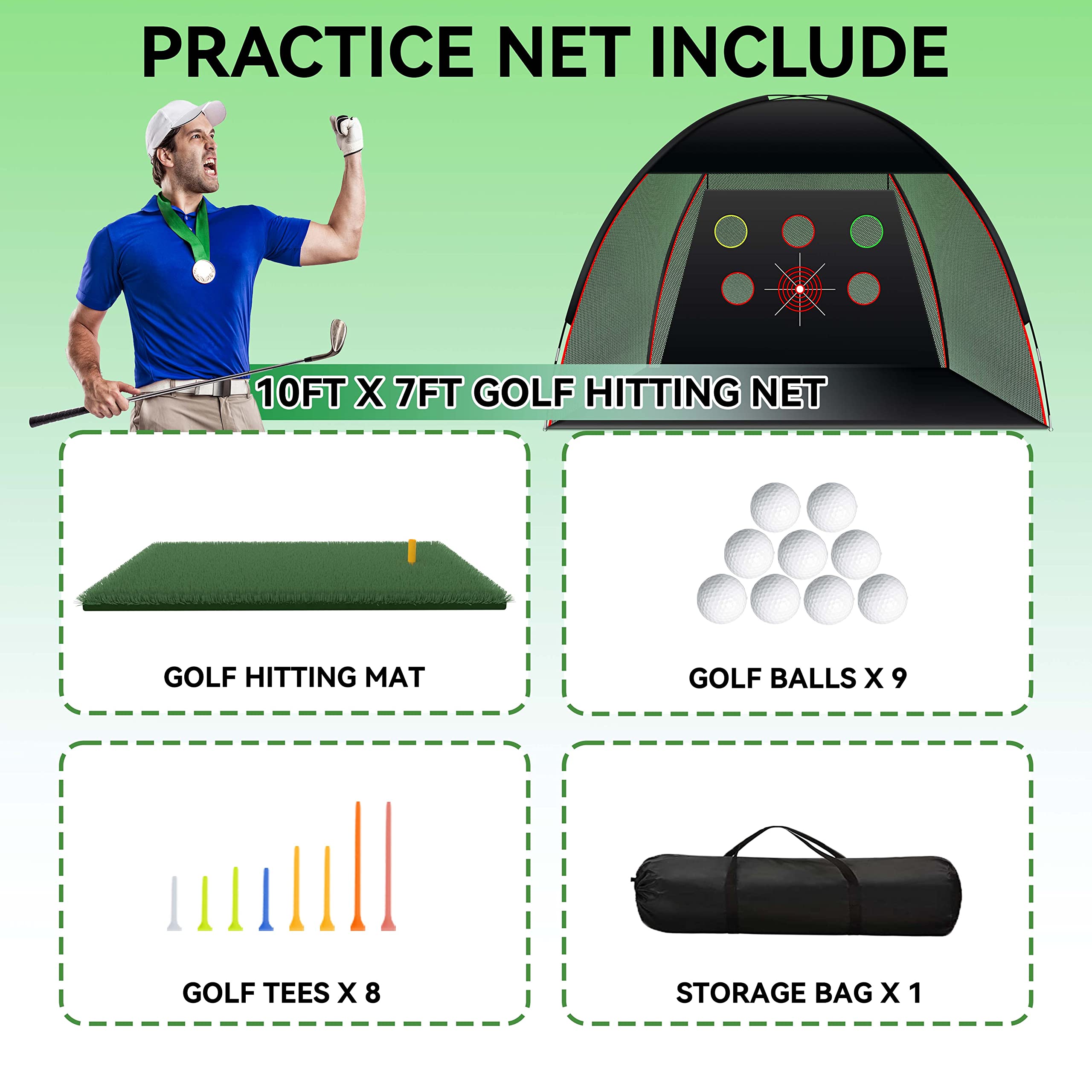 JEMOSH 10x7 Ft Golf Net & Mat Set - Premium Indoor/Outdoor Golf Practice Hitting Net for Backyard, Garage & Driving Range with Accessories | Perfect for Home Training, Backyard Practice & Golf Skill Improvement