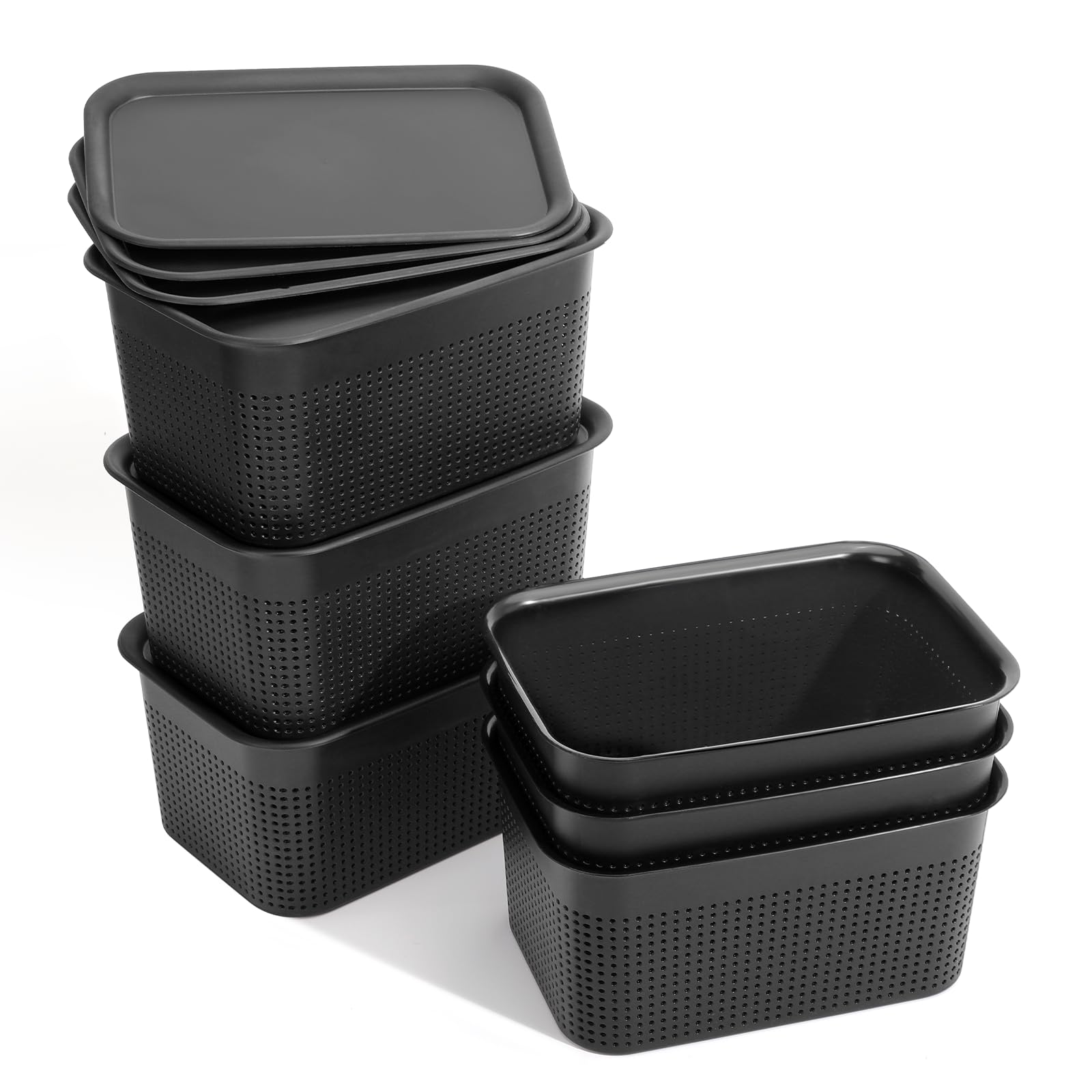 AREYZIN 6-Pack Plastic Storage Baskets with Lids - Organizer Bins for Shelves, Drawers, Desktop, Closet, Playroom, Classroom & Office - Perfect for Home Organization, Kids Toys Storage and Office Supplies (Black)